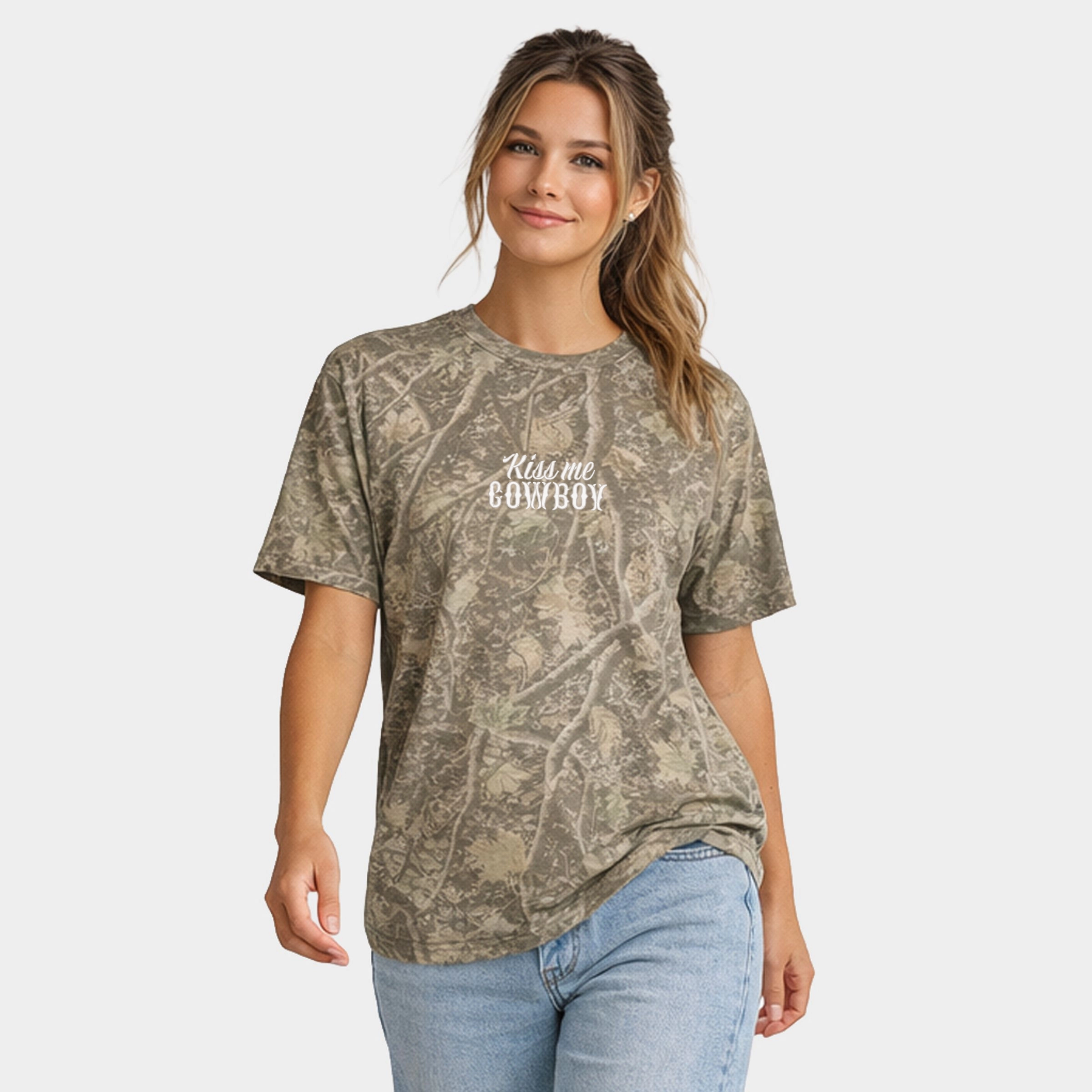 Simply Sage Market Embroidered Kiss Me Cowboy Heavyweight Camo Crew Tee