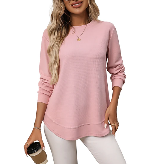 Enchanted Funland Womens Crew Neck Waffle Knit Long Sleeve Curved Hem Tunic Tops