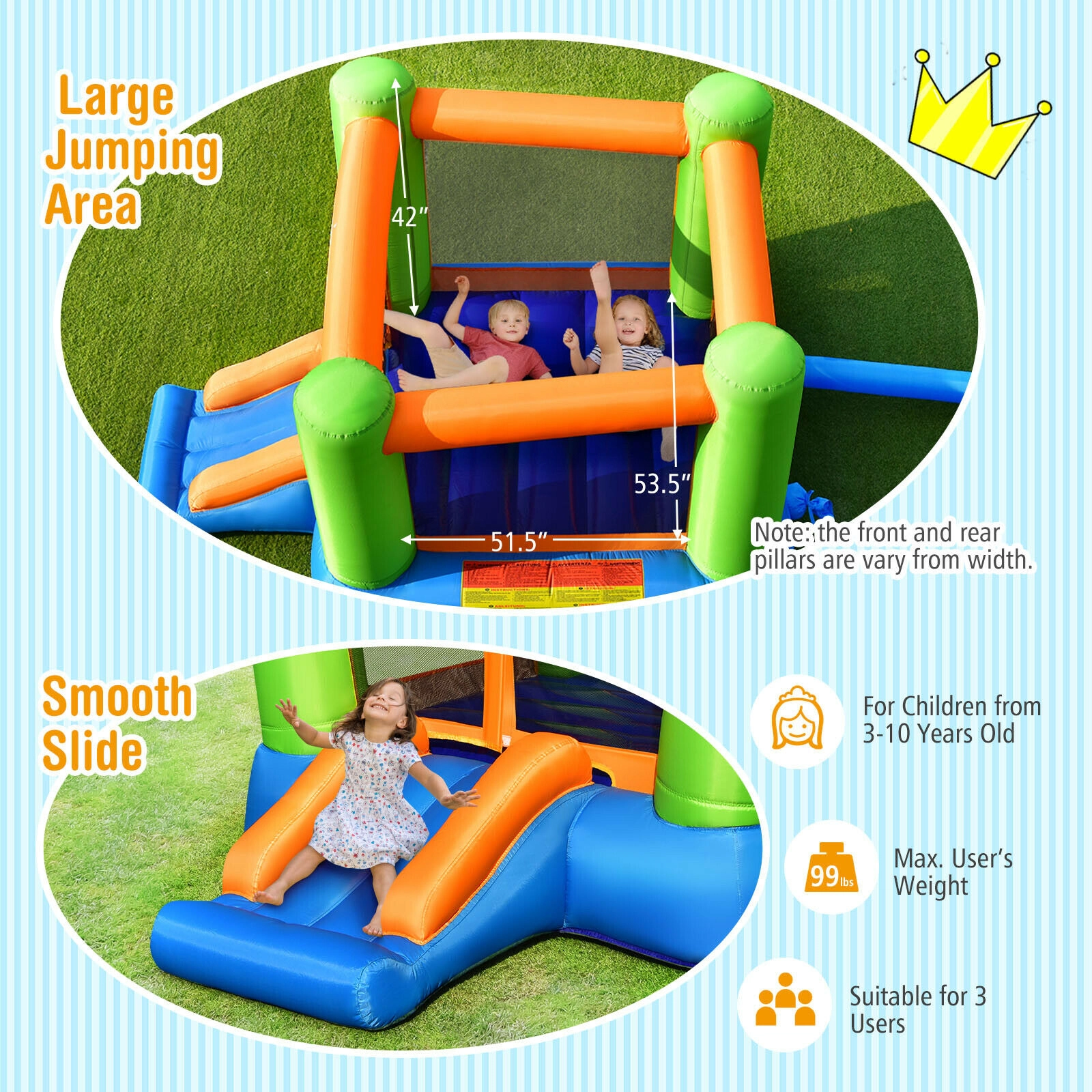 Kids Inflatable Bounce House with Curved Slide and Mesh Walls for 2 Kids 200-lb Capacity Blower Not Included Indoor