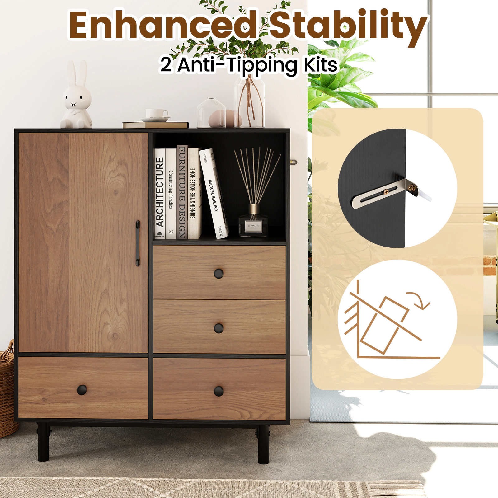 SUGIFT 31.5-in 265-lb Capacity Black Mid-Century Modern Buffet Sideboard with 4 Drawers and Open Compartment