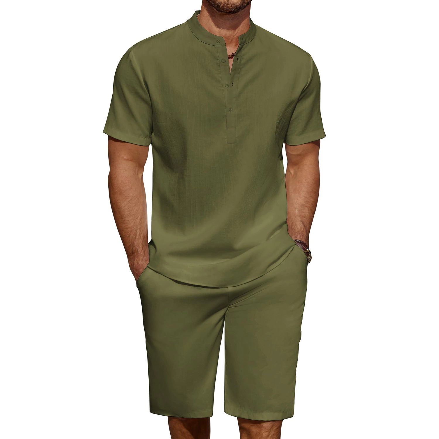COOFANDY Mens Short Sleeve Henley Shirt  Band Collar Button Casual Shorts Set