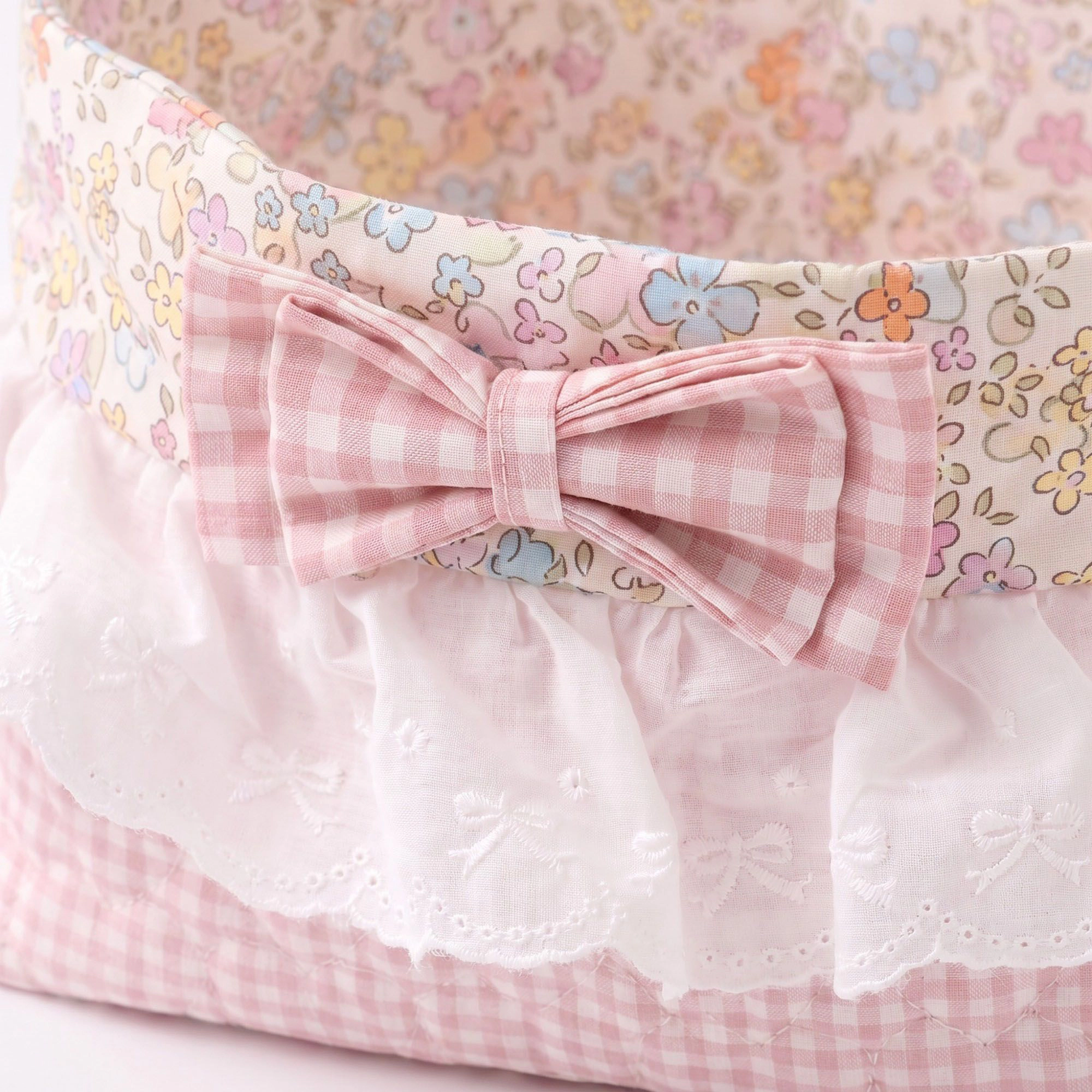 Alilang Unisex Floral Gingham Quilted Storage Basket with Lace Eyelet Ruffle & Bow