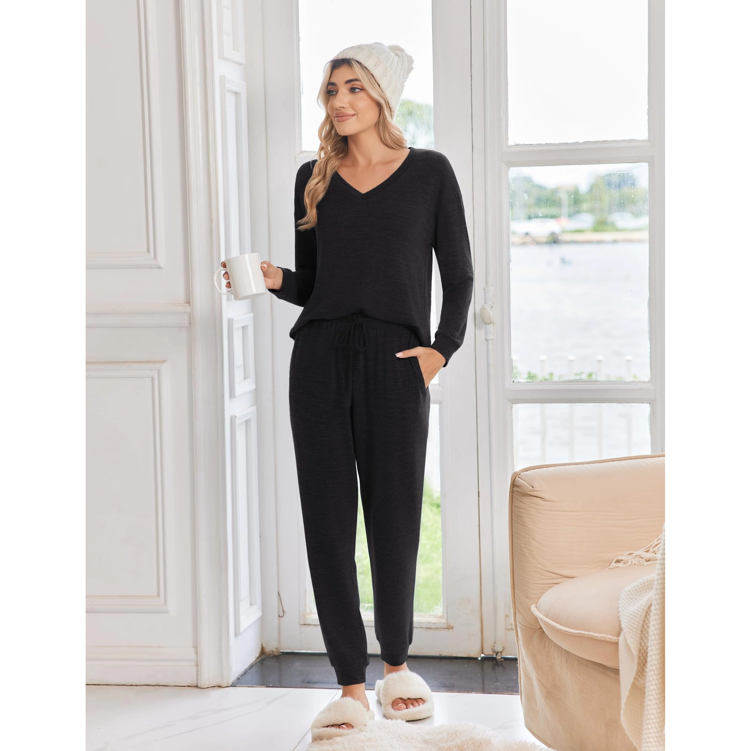 Ekouaer Womens Jogger Pajama Sets Long Sleeve Top and Pants Lounge Two Piece Pajamas Sleepwear