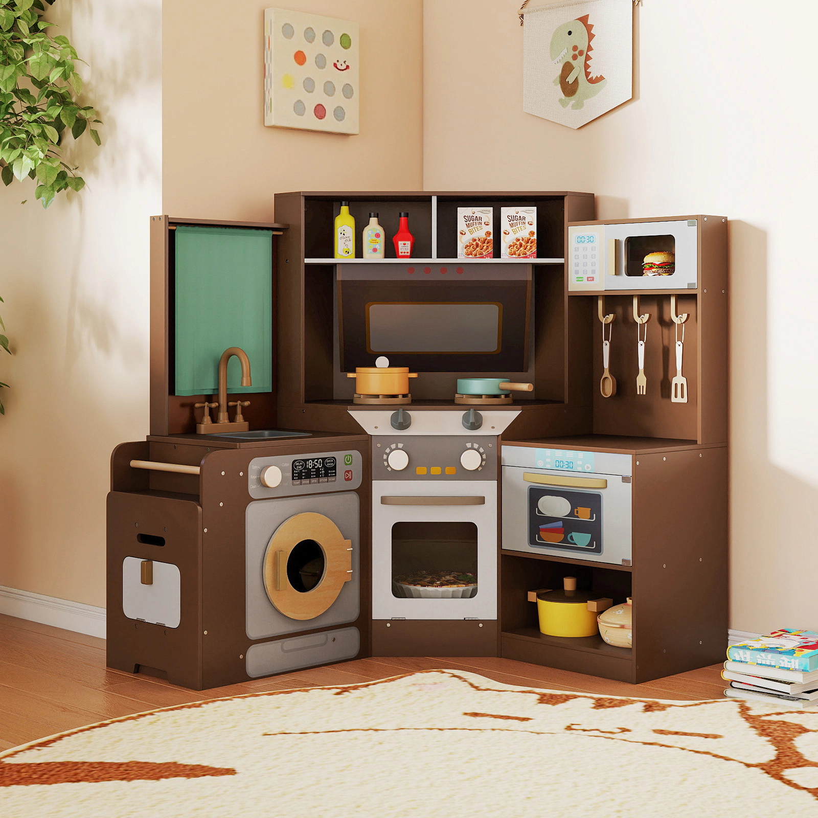 SUGIFT Corner Kitchen Toys with Lights and Sounds with Pull-Out Trash Can and Stoves Ages 3+ Off White/Coffee/Pink