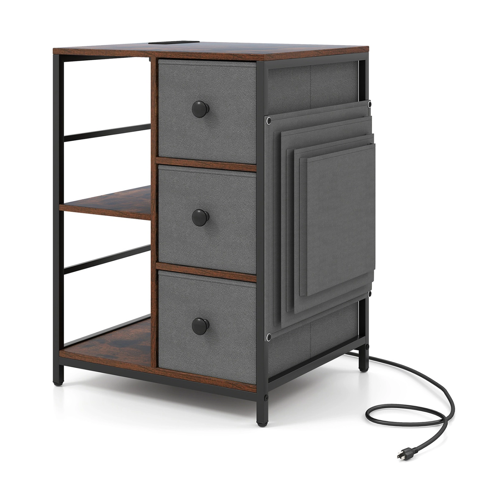 SUGIFT Industrial Nightstand Rustic Brown with Charging Station Fabric Drawers and Side Pockets
