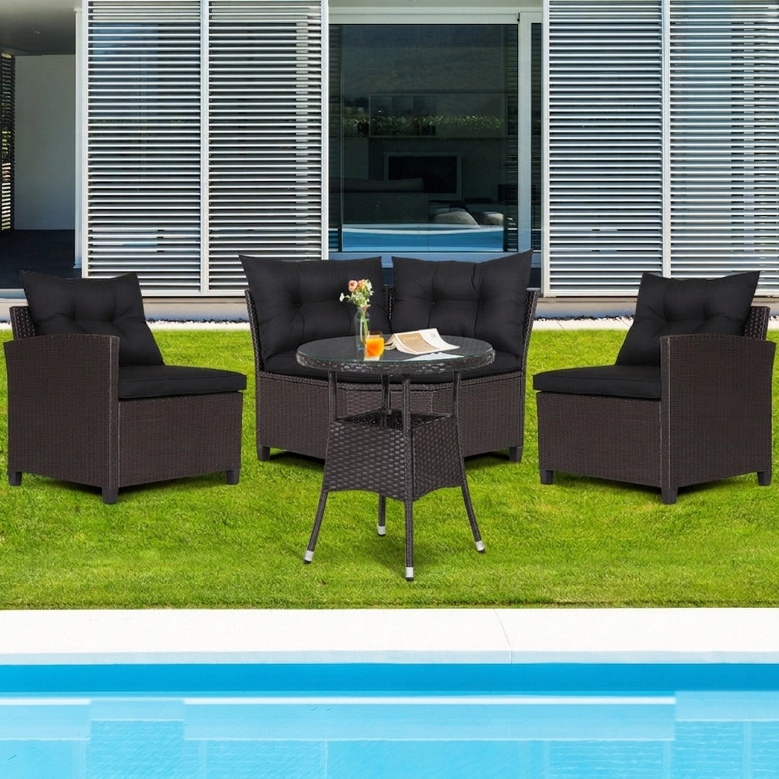 SUGIFT 4-Piece 400-lb Capacity Black Cushioned Rattan Outdoor Patio Sofa Set with Round Glass Coffee Table