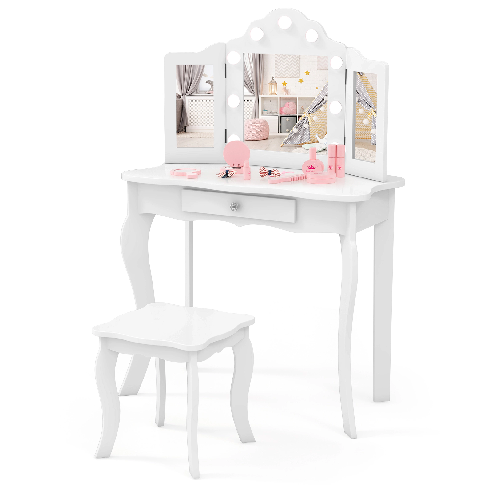 SUGIFT Kids Vanity Table and Stool Set with Tri-Folding Mirror and 3-Color LED Lights 110-lb Capacity Ages 3+ White