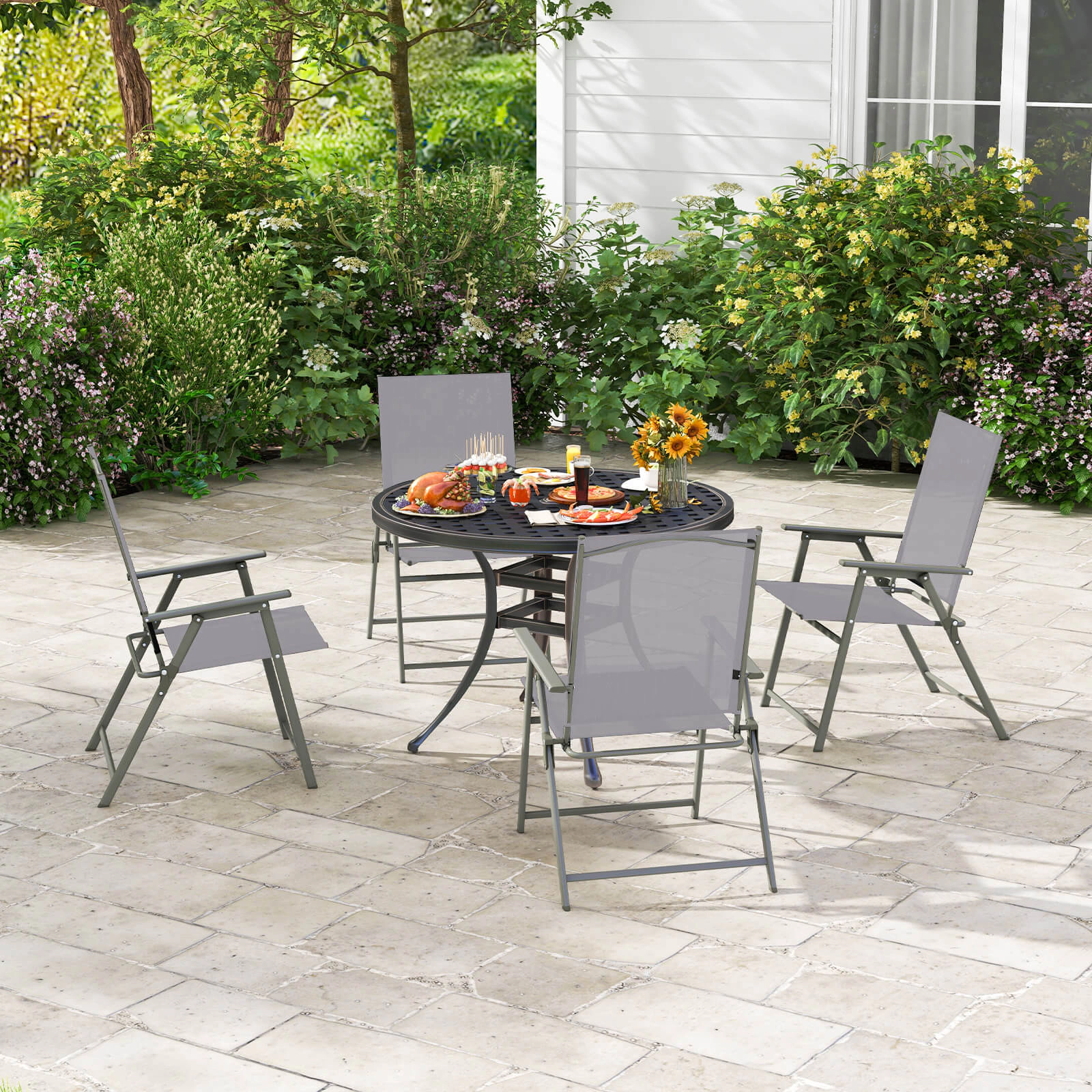 SUGIFT Set of 4 Gray Folding Patio Chairs, Metal Frame, Breathable Sling Seat