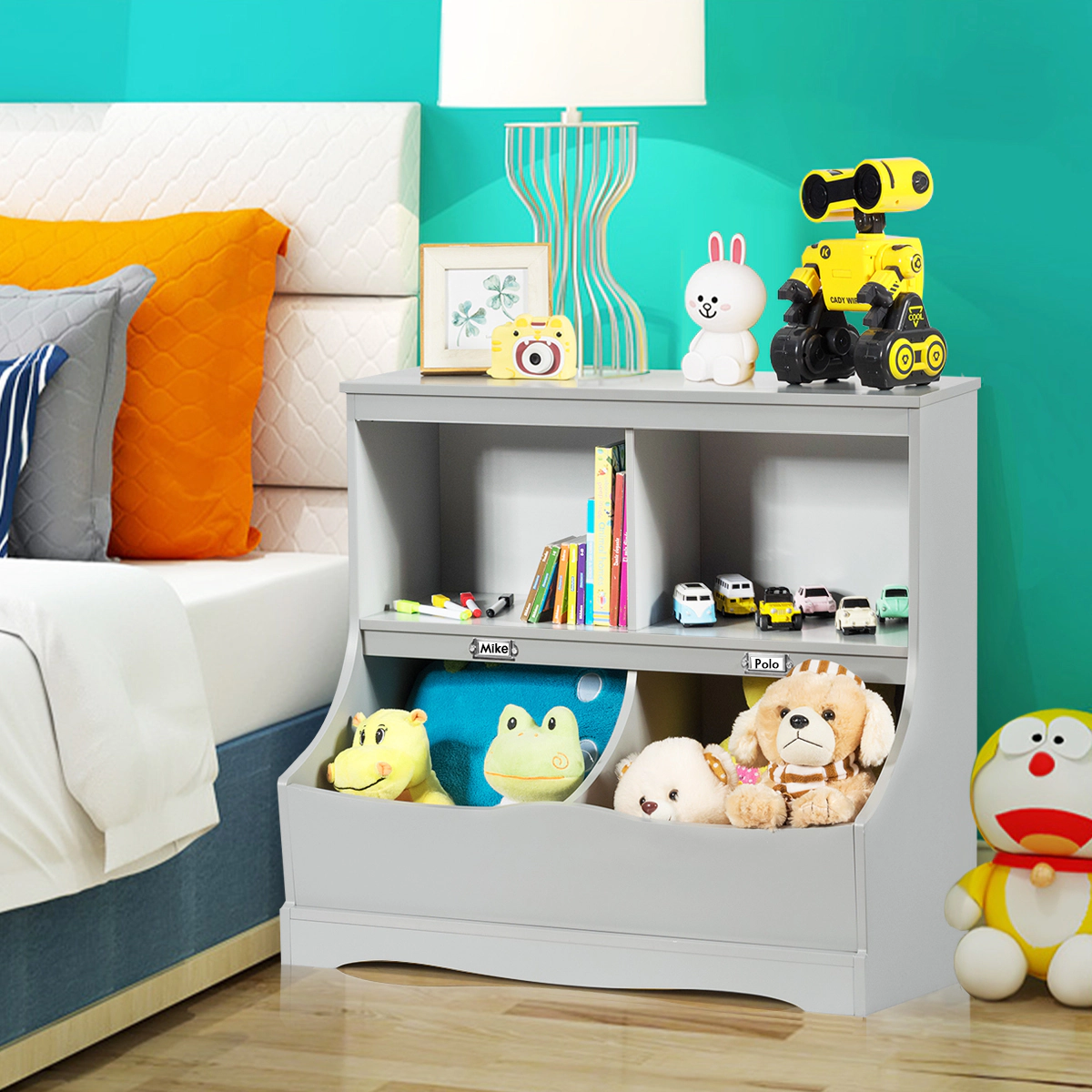 Costway Children's Multi-Functional Bookcase Toy Storage Bin Kids Floor Cabinet Grey