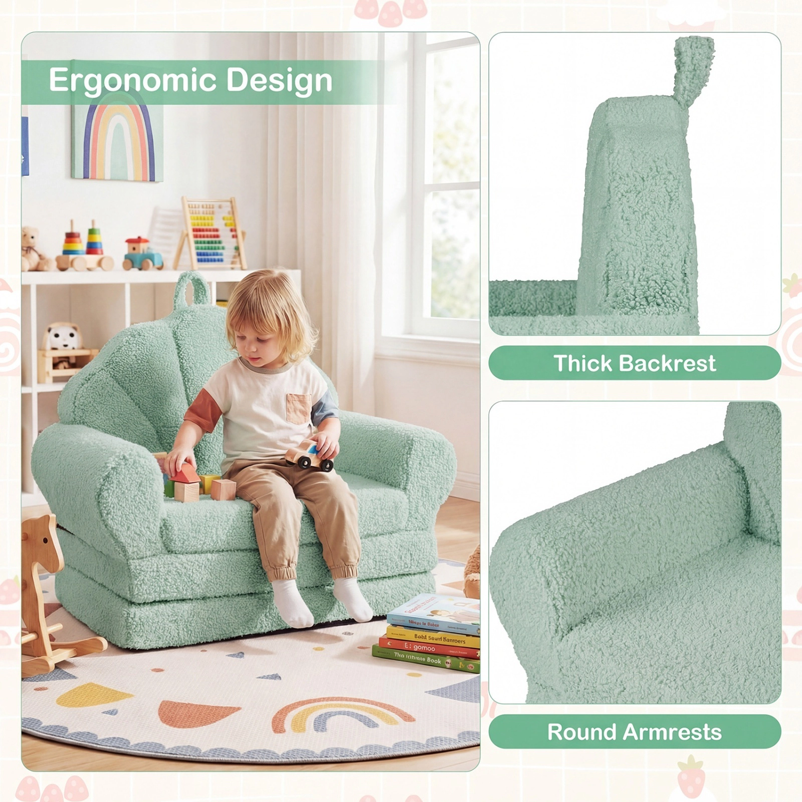 Convertible Kids Sofa 2-in-1 Fold Out Toddler Couch with Carry Handle Teddy Fleece Cover Anti-Slip Base Green