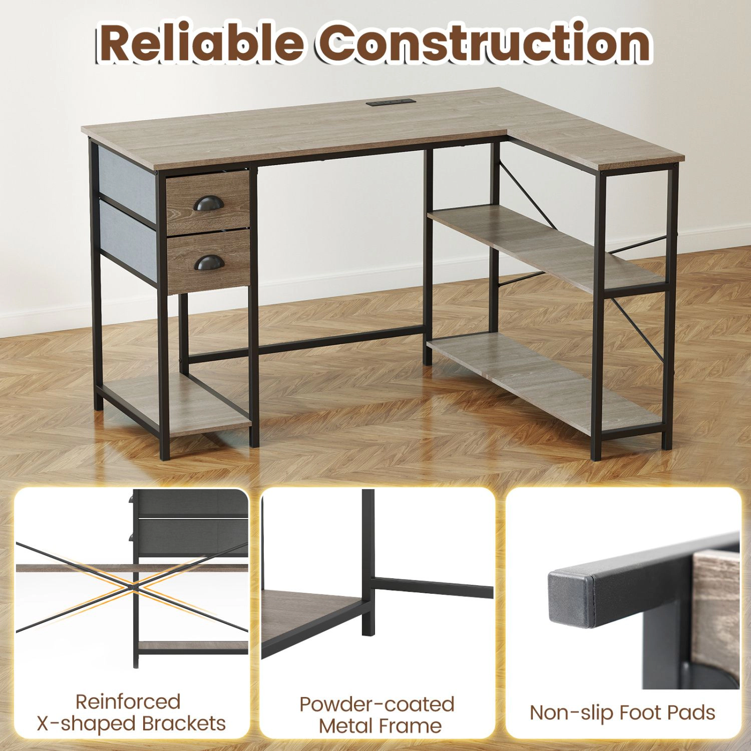 SlickBlue L Shaped Computer Desk with Charging Station and Drawers