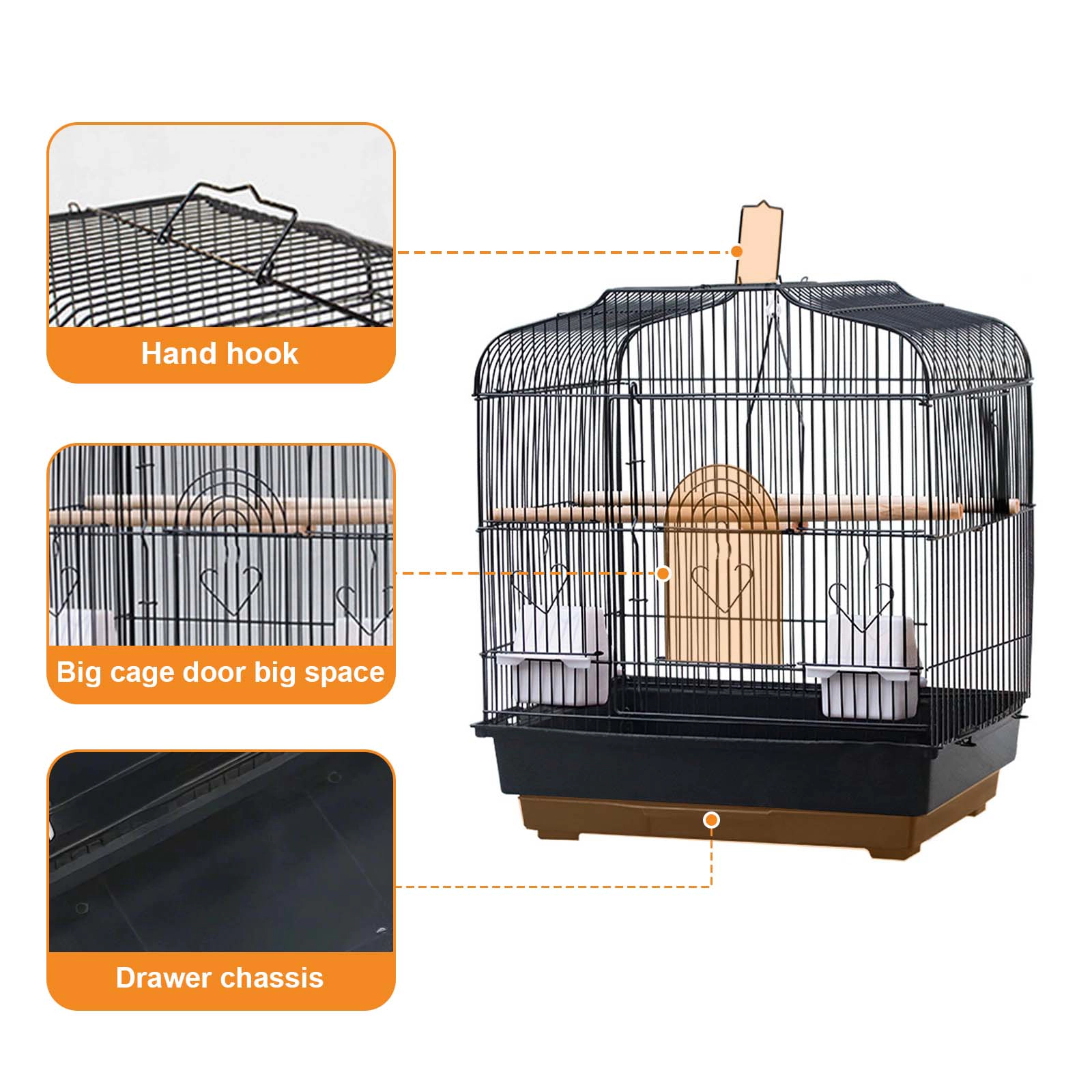 Portable Metal Travel Bird Cage, Lightweight Display Aviary for Parrots Small Pet Birds, Black