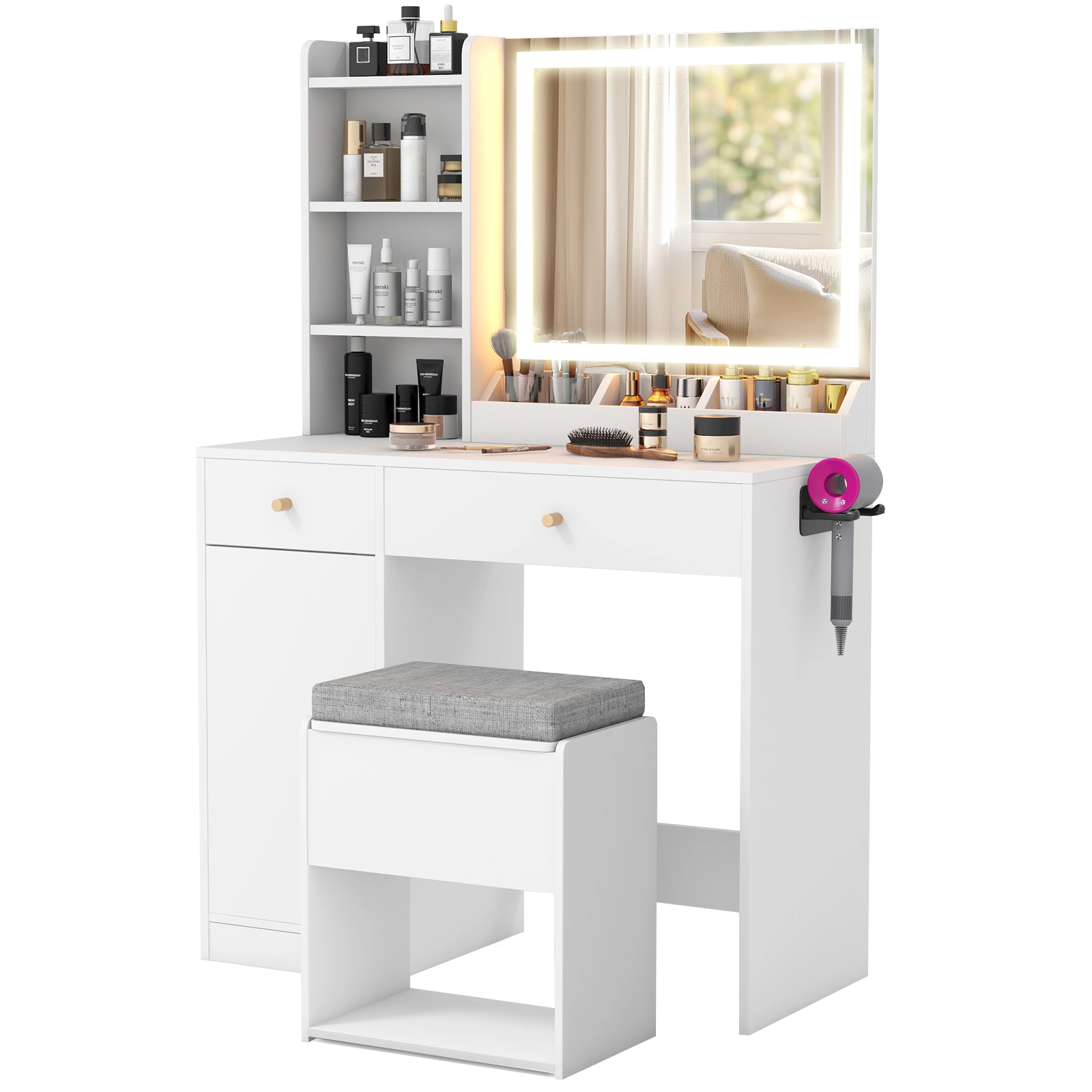 SUGIFT White 3-Color Lighted Mirror and Charging Station Vanity Dressing Table and Stool Set