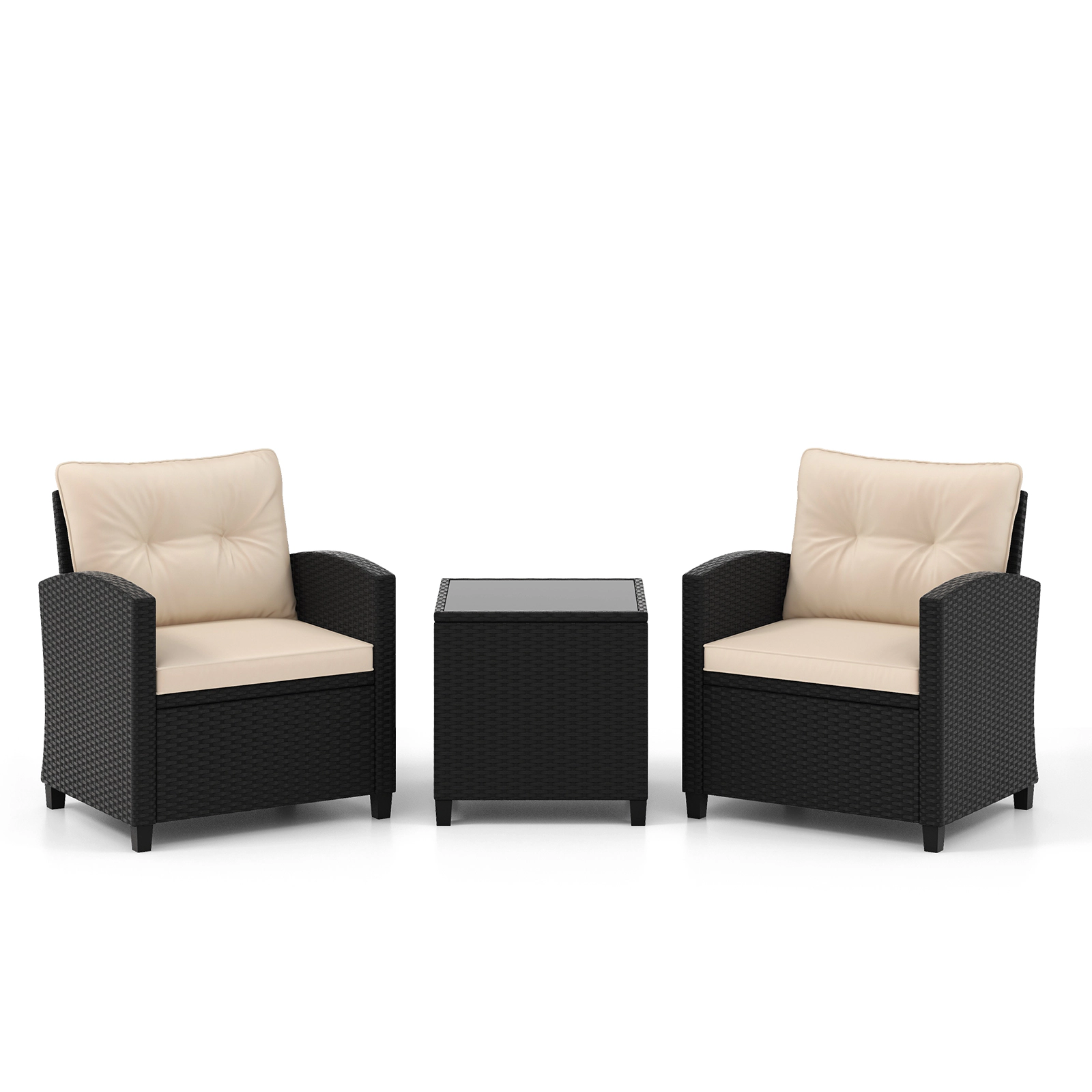 SUGIFT 3-Piece PE Rattan Patio Conversation Set with Tempered Glass Coffee Table 400-lb Chair Capacity Off White