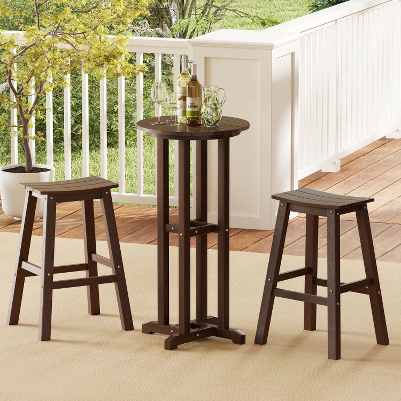 SUGIFT 21.5-in Round HDPE Bar Height Patio Dining Table with Slatted Tabletop 110-Lb Capacity 42-in Tall Brown