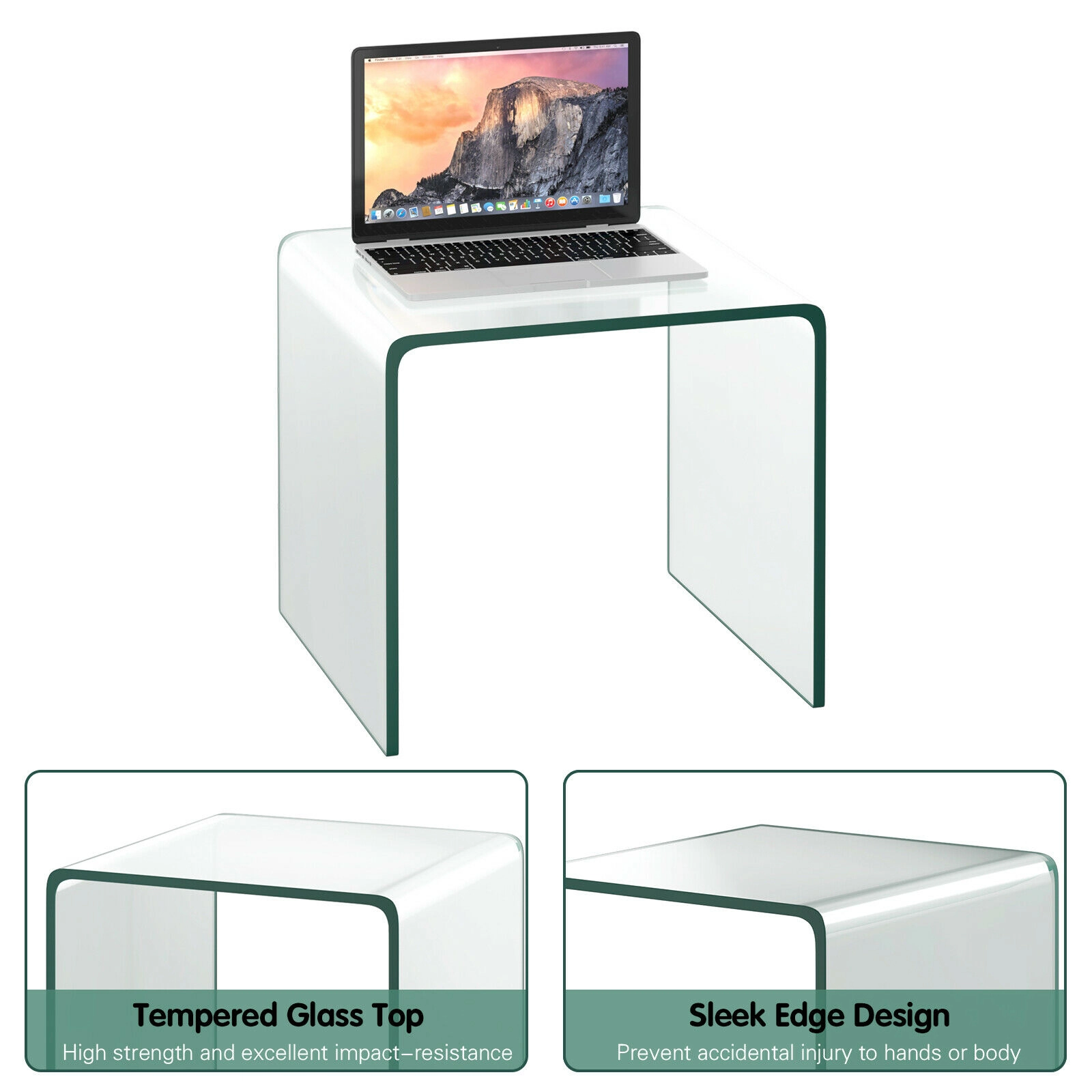 Glintex Waterfall Tempered Glass End Table with Non-Slip Pads, Transparent