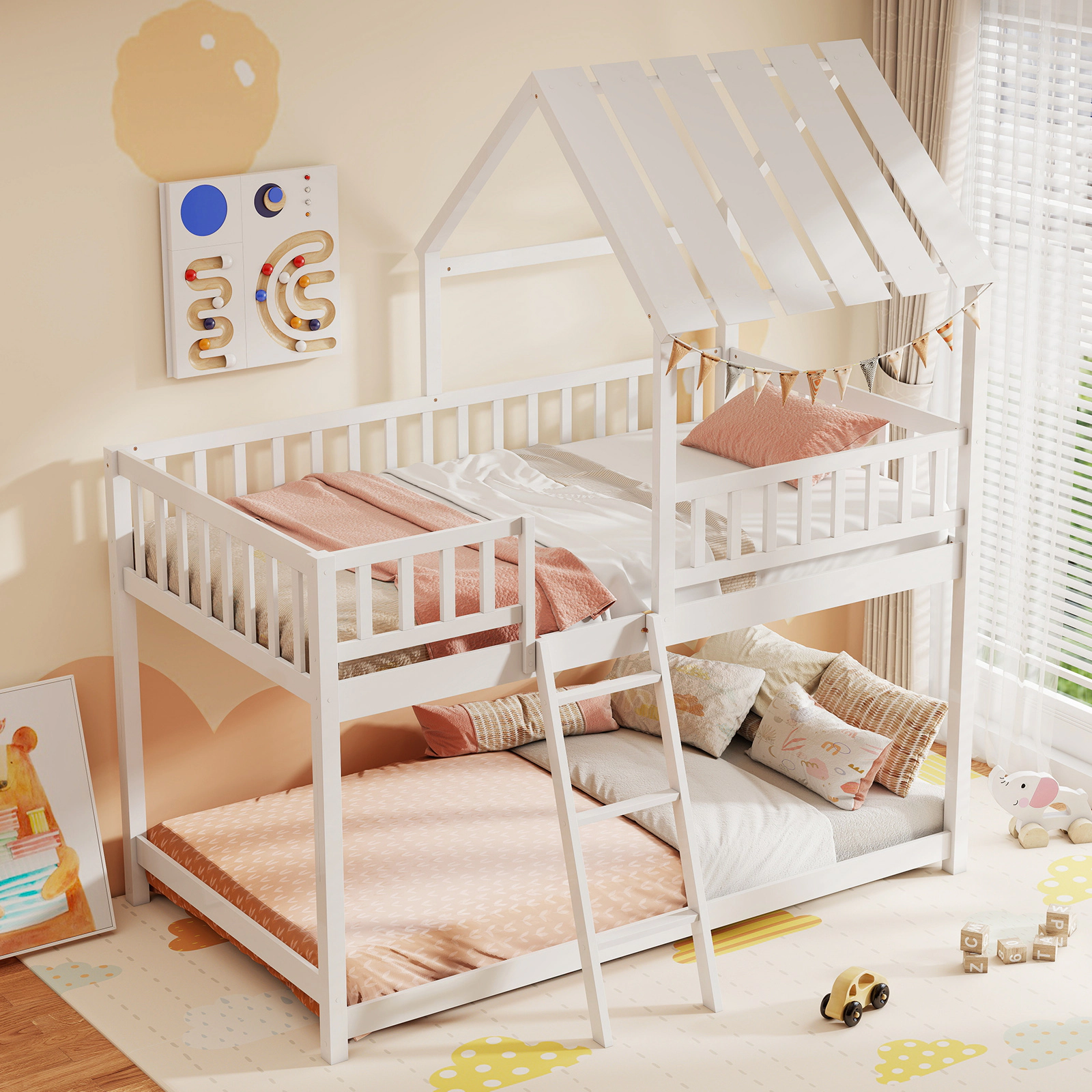 SUGIFT White Roof and Full-Length Guardrails Twin Over Twin Kids House Bunk Bed