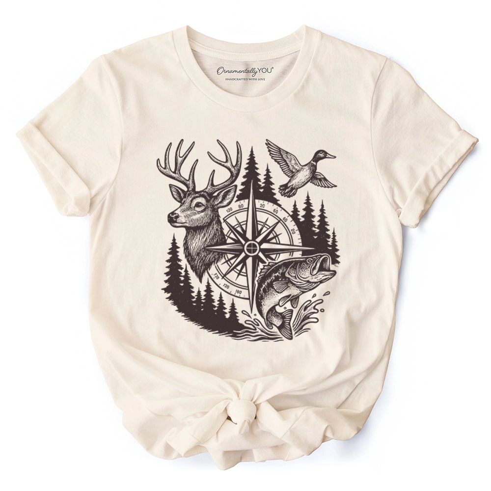 OrnamentallyYou Mens Deer Duck Fishing Hunting Vintage Compass T-Shirt