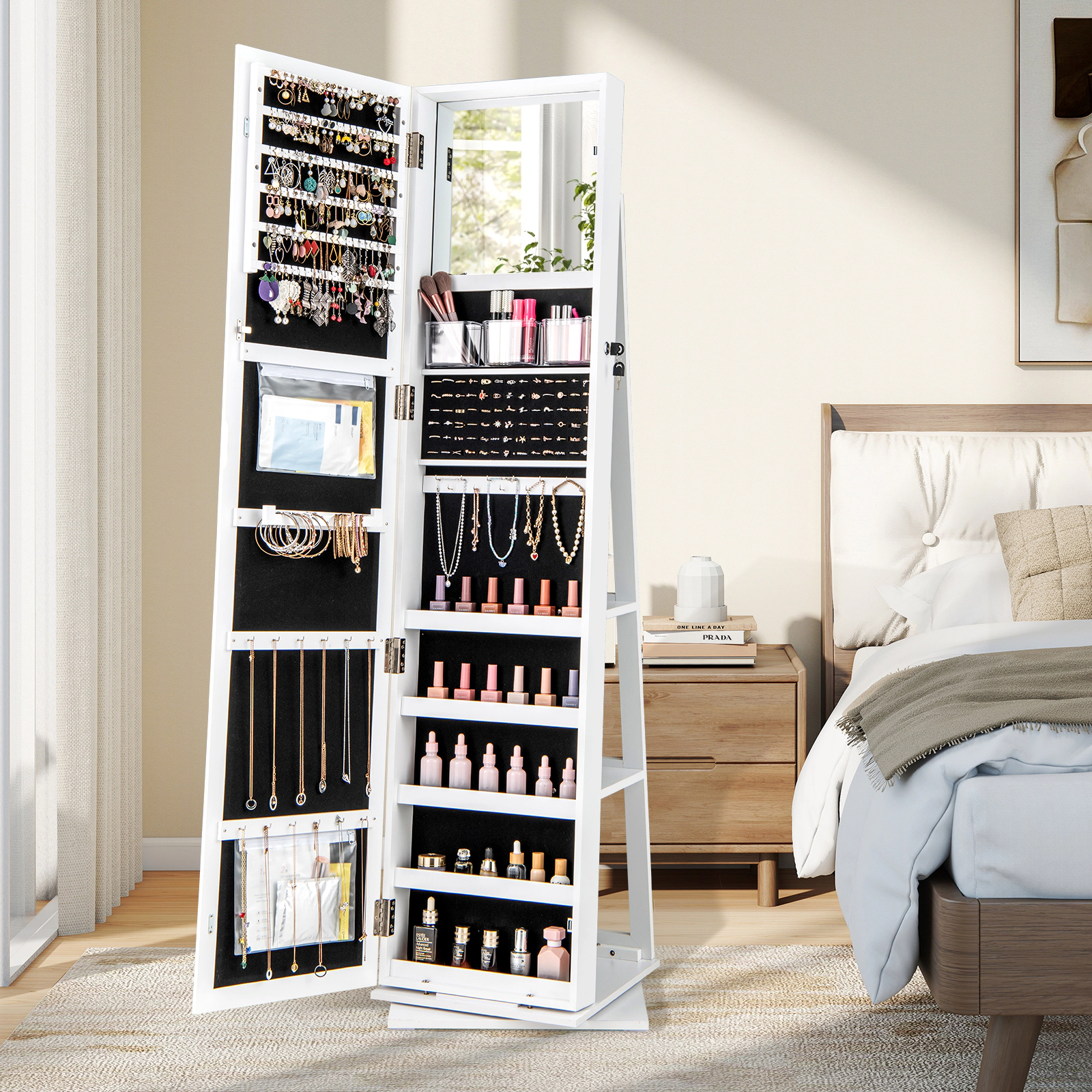 SUGIFT 62.5 in Swivel Jewelry Armoire White with Full Length Mirror and 3 Back Storage Shelves