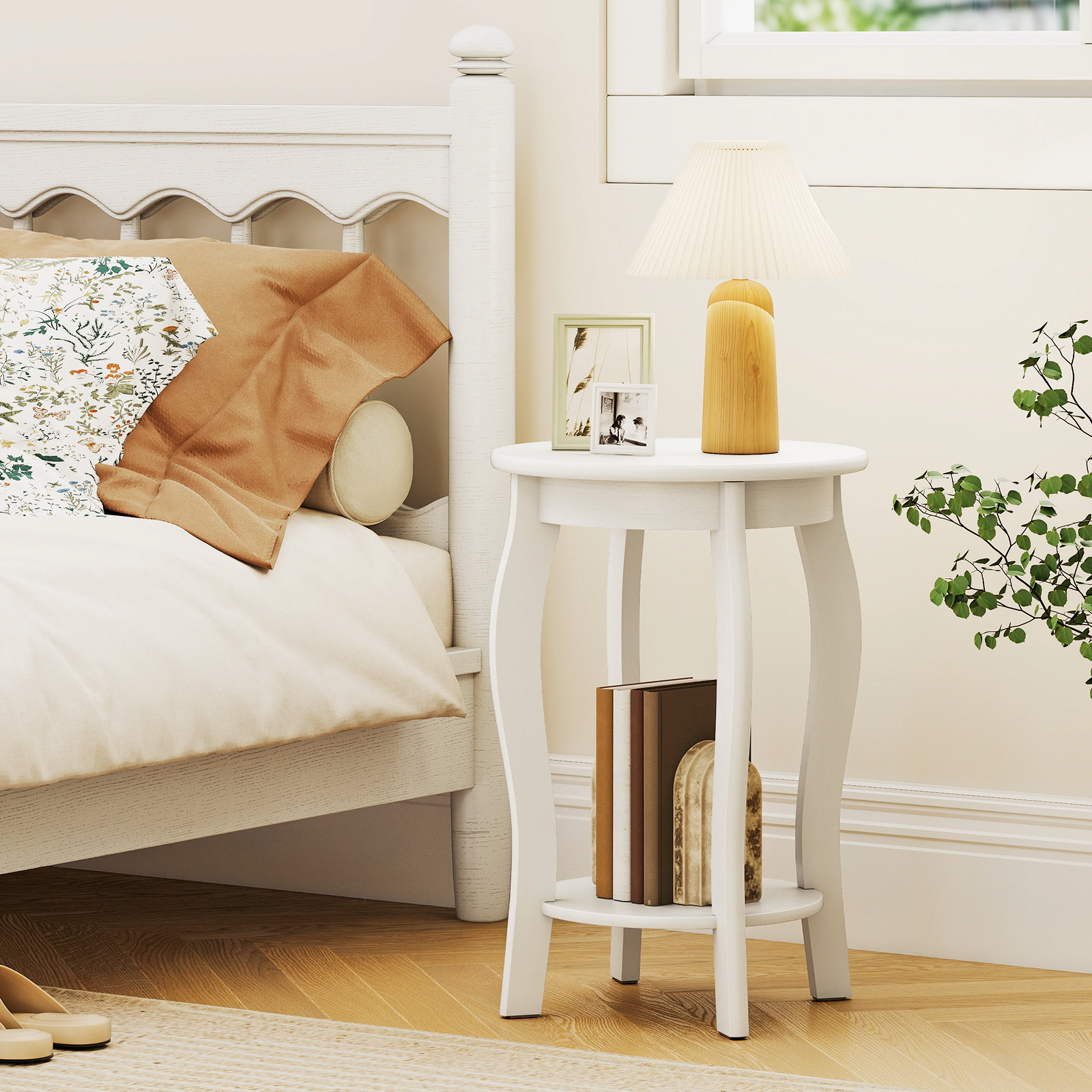 SlickBlue Set of 2 15" Round End Table with Storage Shelf and Rubber Wood Legs