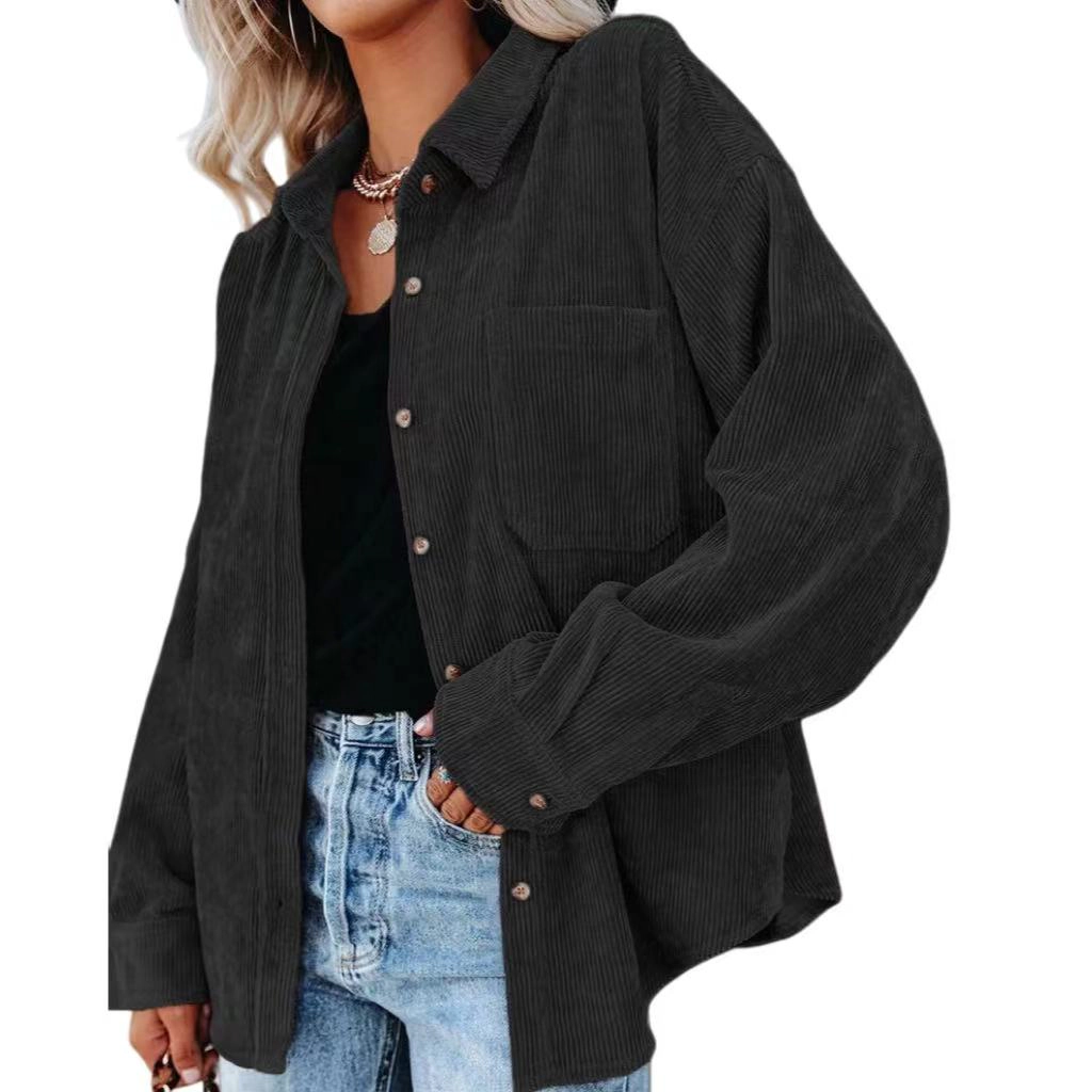 YesFashion Womens Corduroy Oversized Shirt Collared V Neck Long Sleeve Button Up Blouses Shacket