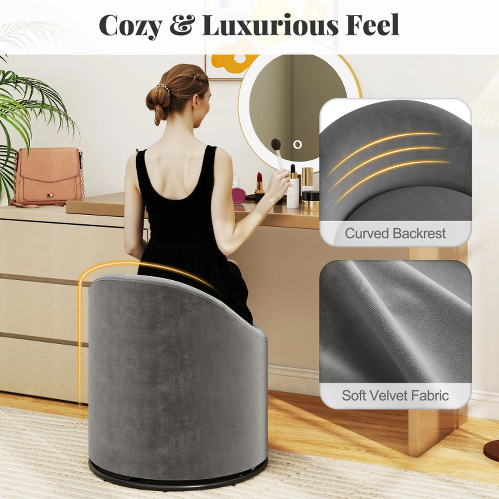 SUGIFT Gray Hidden Under-Seat Storage and 360-Degree Swivel Base Velvet Barrel Chair