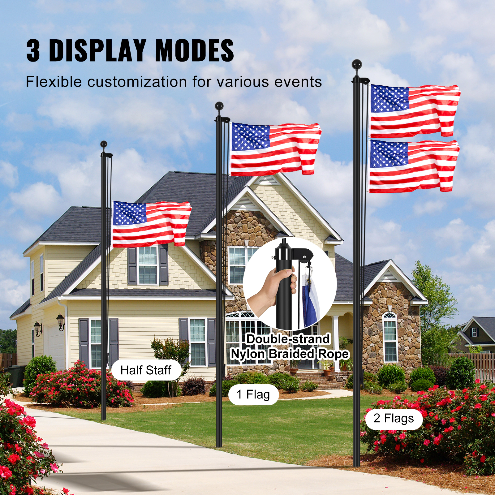 HONGGE 25 ft Sectional Flag Pole Kit, Heavy Duty Aluminum with 3x5 American Flag, 3 Display Modes, Black