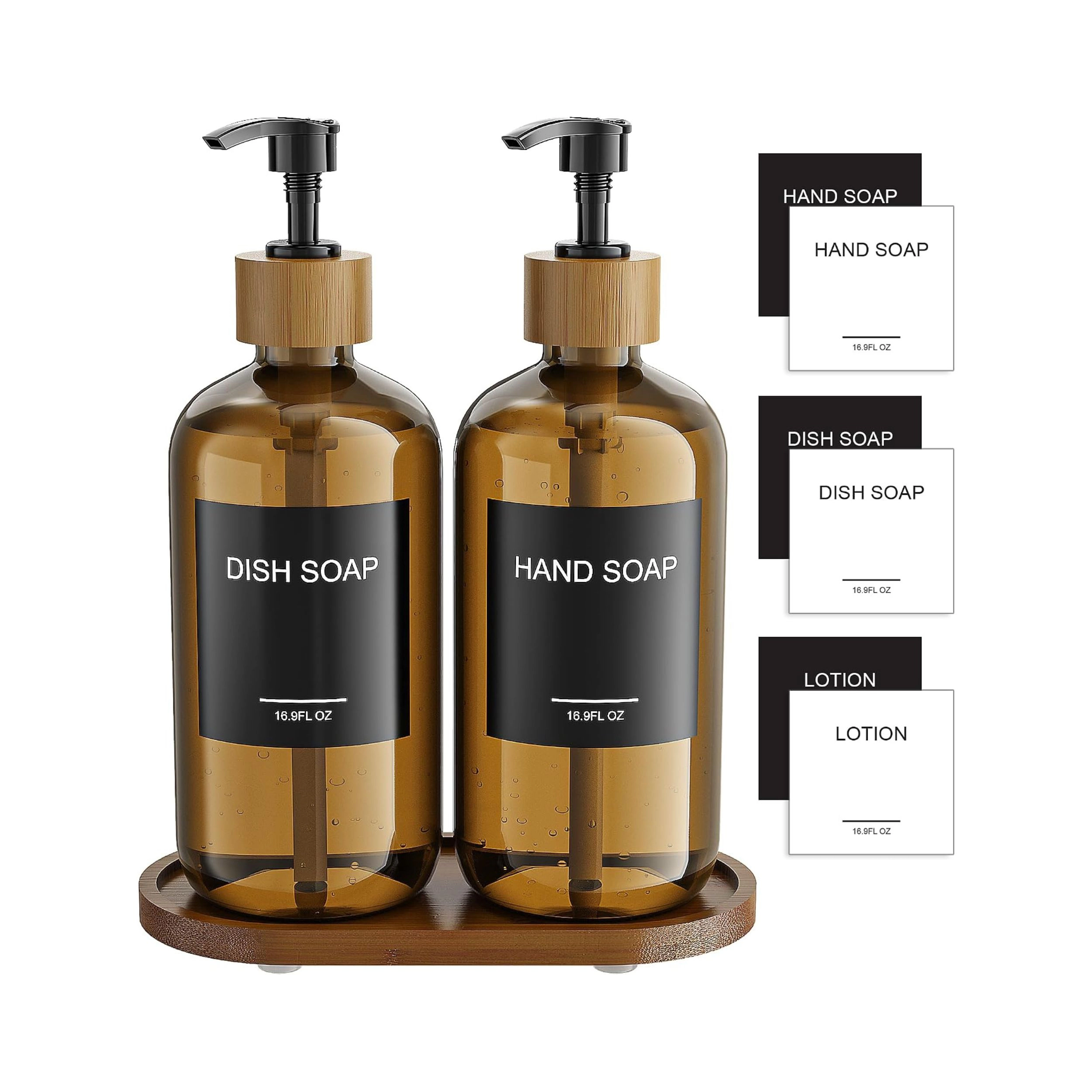 Stock Preferred Pack of 2 Soap and Lotion Dispenser Set with Wooden Pumps Tray