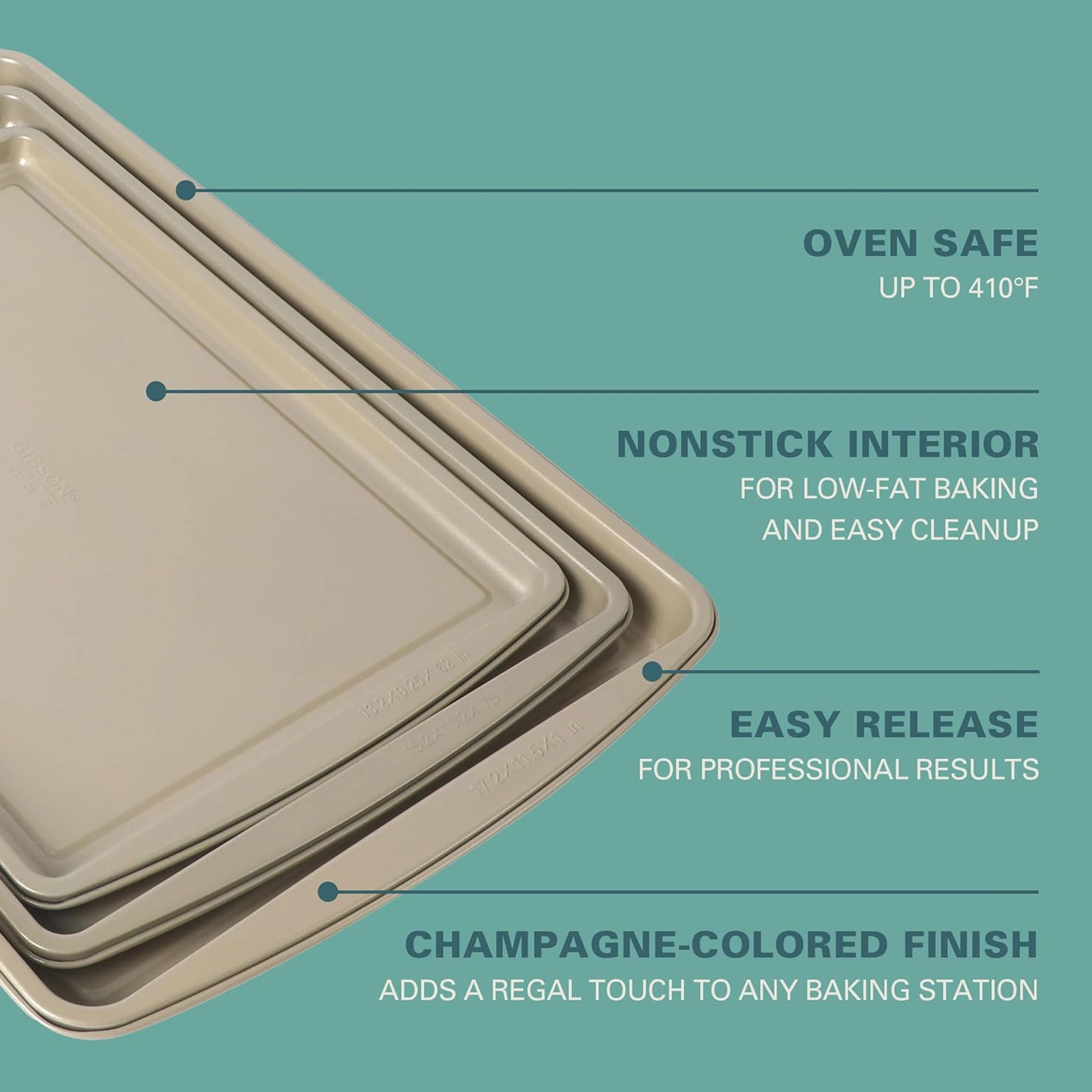 Gibson Home Lyneham 3 Piece Carbon Steel Nonstick Cookie Sheet Set in Champagne Gold