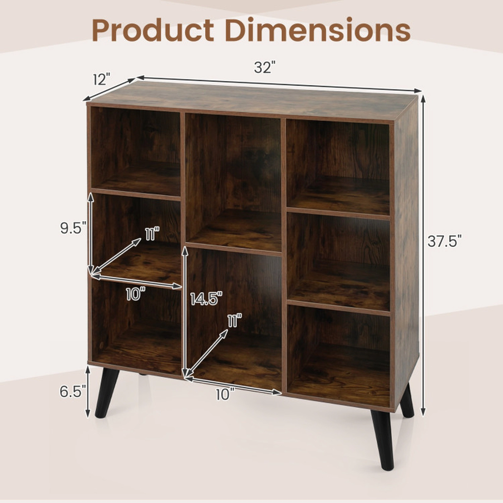 SUGIFT 8-Cube 220-lb Capacity Rustic Brown 37-in Cube Storage Organizer Bookshelf with Raised Legs