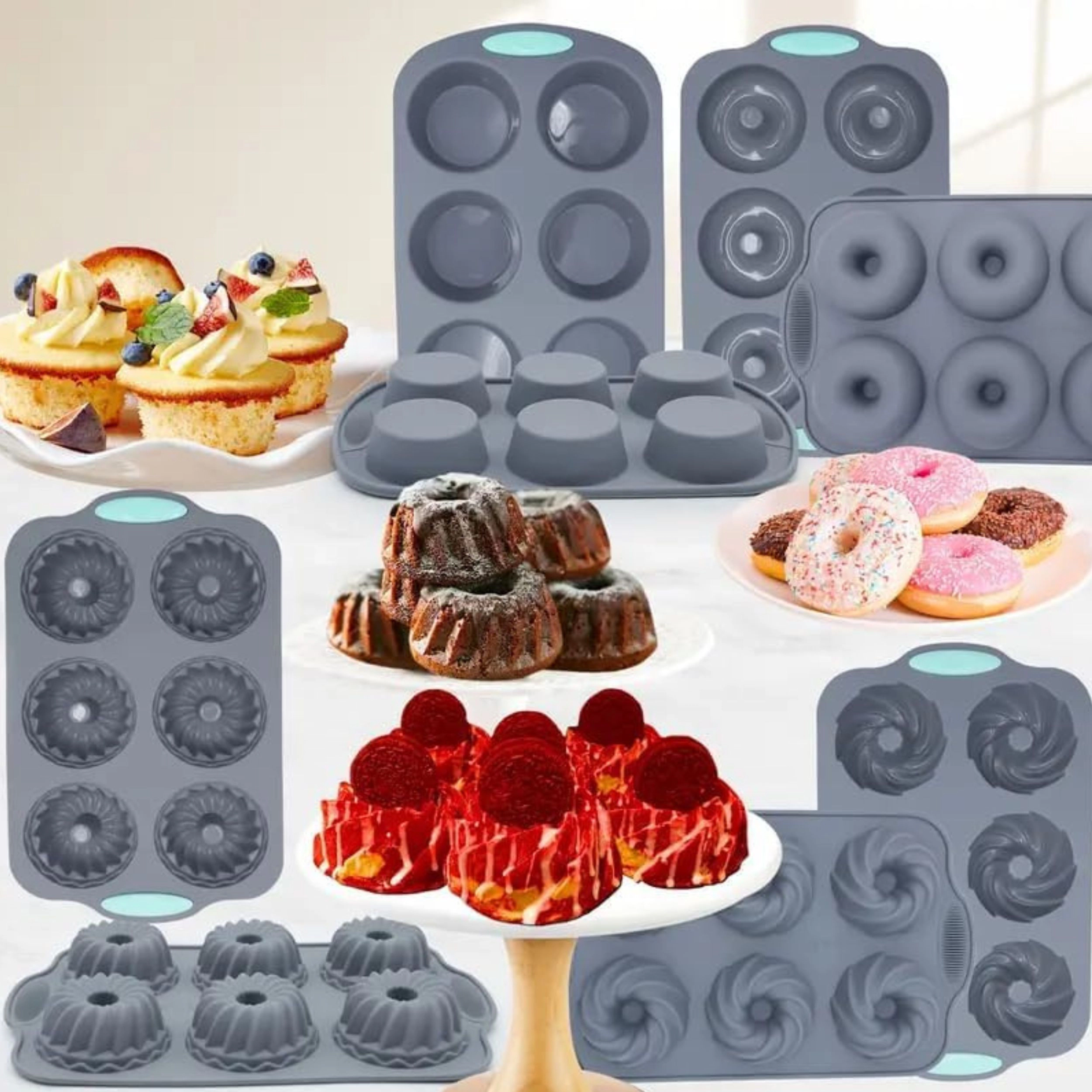 Stock Preferred Pack of 8 Nonstick Silicone Donut and Muffin Baking Pan Set