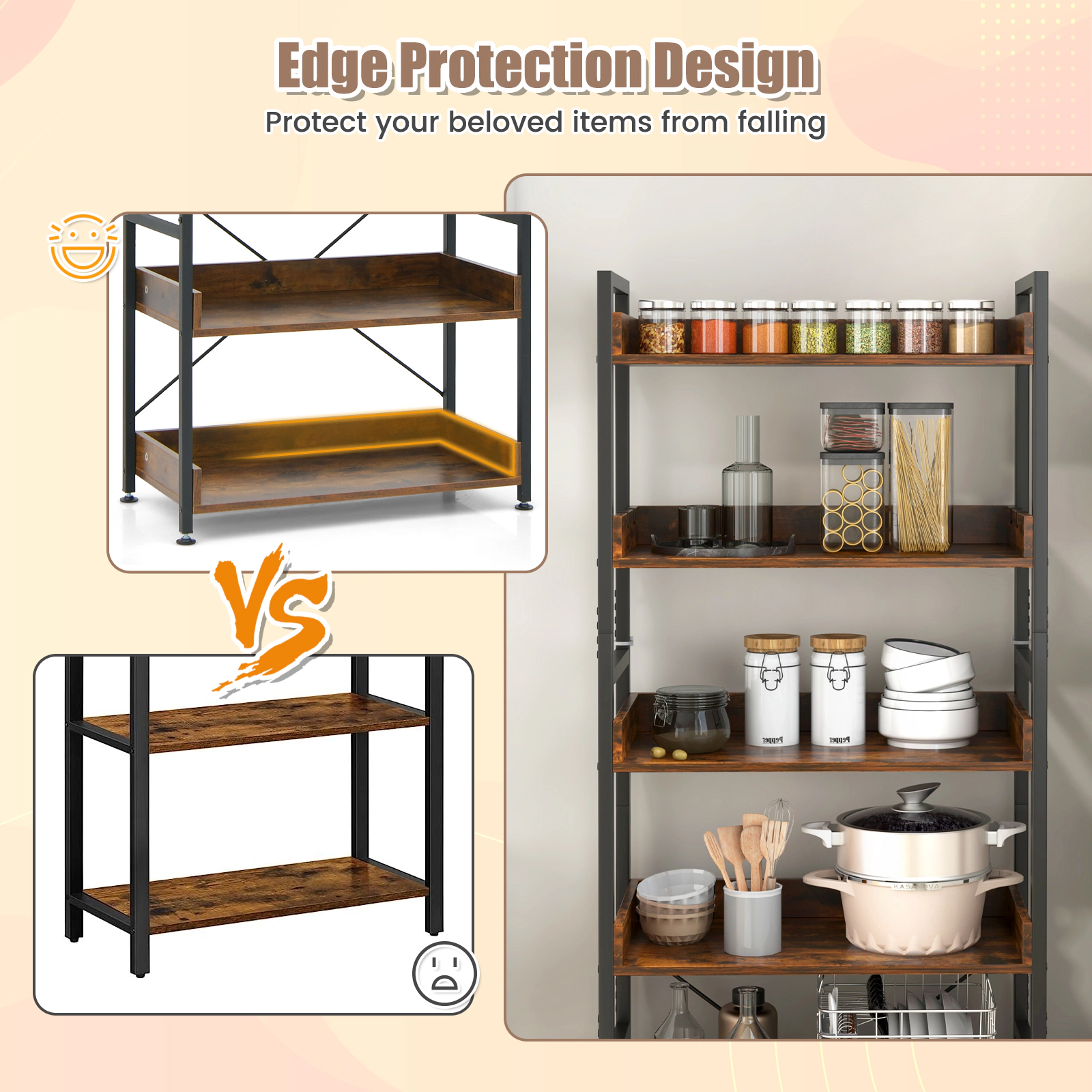 SUGIFT 6-Tier Rustic Brown 70-in Tall Industrial Bookshelf with 4 Hooks Raised Edges and 50-lb Shelves
