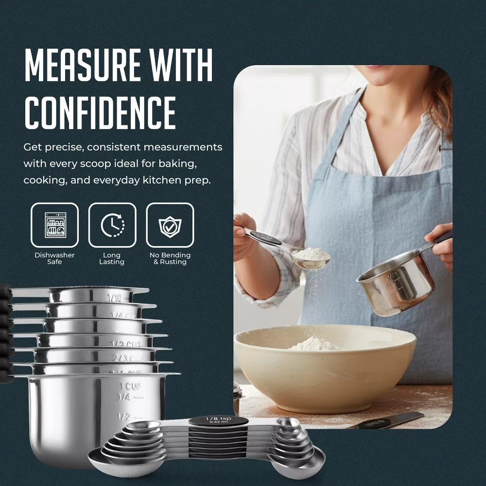 Luminuxe Stainless Steel Measuring Cups and Spoons Set, 16Pc Magnetic Nesting Measuring Cup and Spoon Heavy Duty