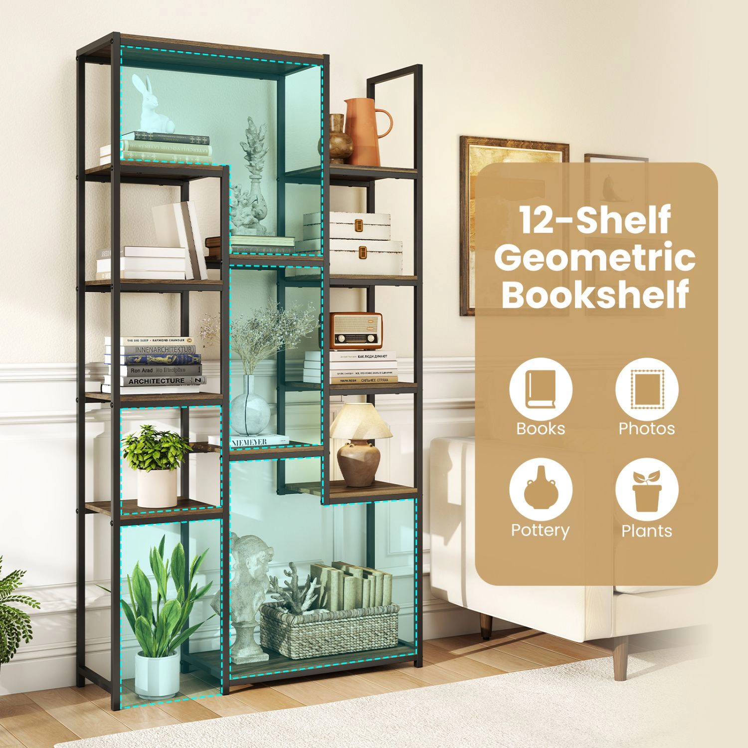 SlickBlue Modern 12-Shelf Walnut Bookcase with Open Storage