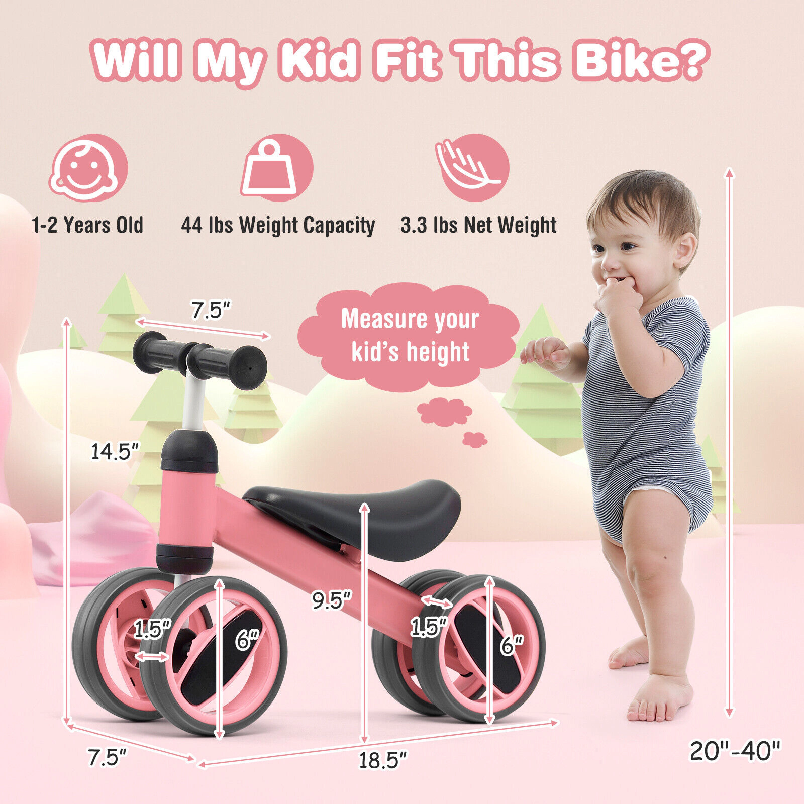 SUGIFT 4-Wheel Baby Balance Bicycle Toy with Steel Frame 44-lb Capacity Ages 1-2 Years Pink