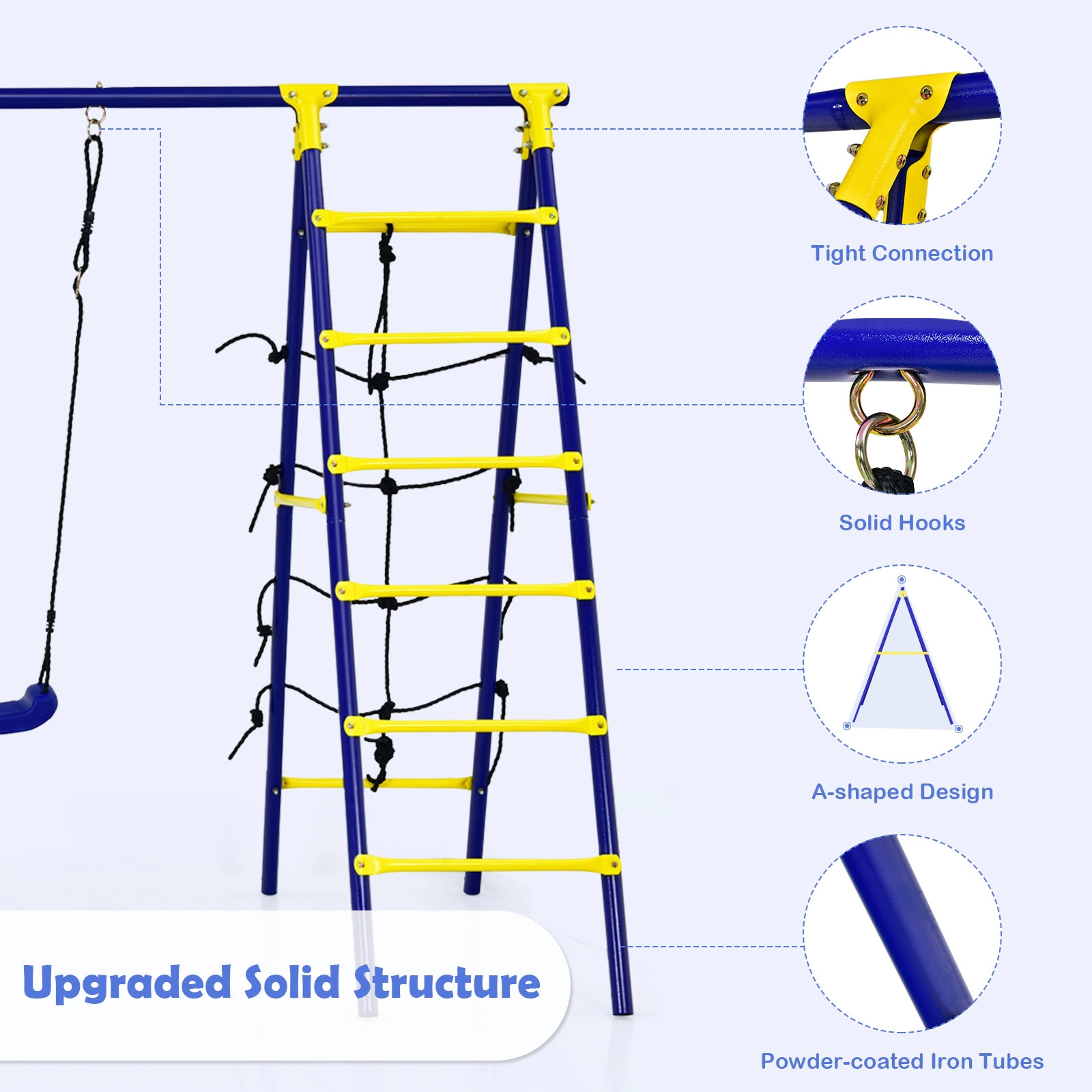 SUGIFT Kids Blue 5-in-1 Metal Swing Set with Basketball Hoop and Climbing Net 116-in W 69.5-in H 166-lb Per Seat
