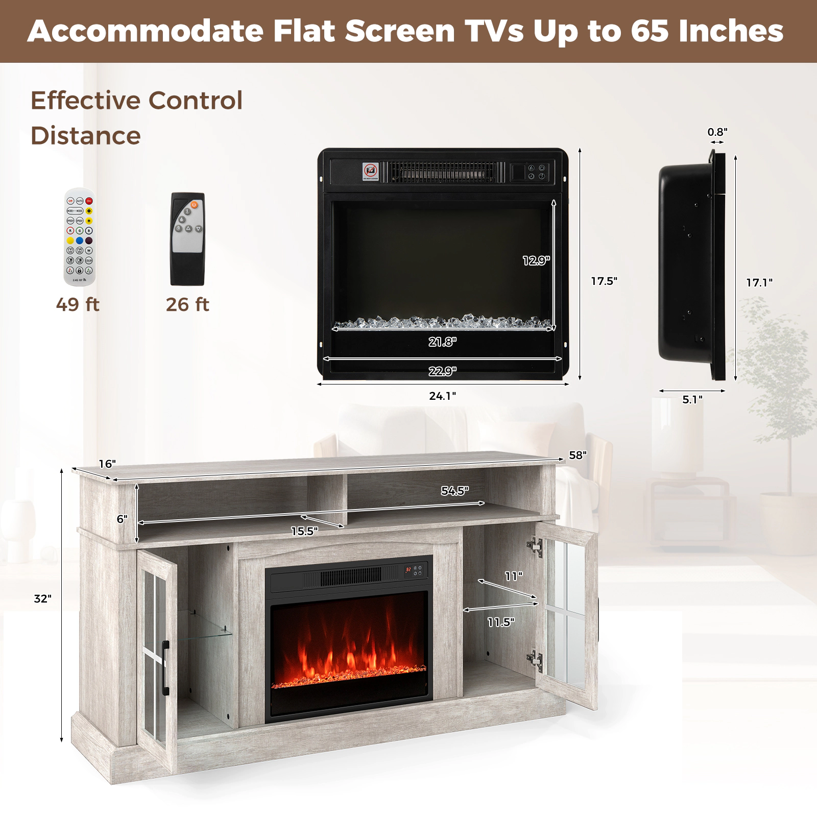 LJG 58 Inch Fireplace TV Stand with LED Lights Storage Cabinets and Glass Doors