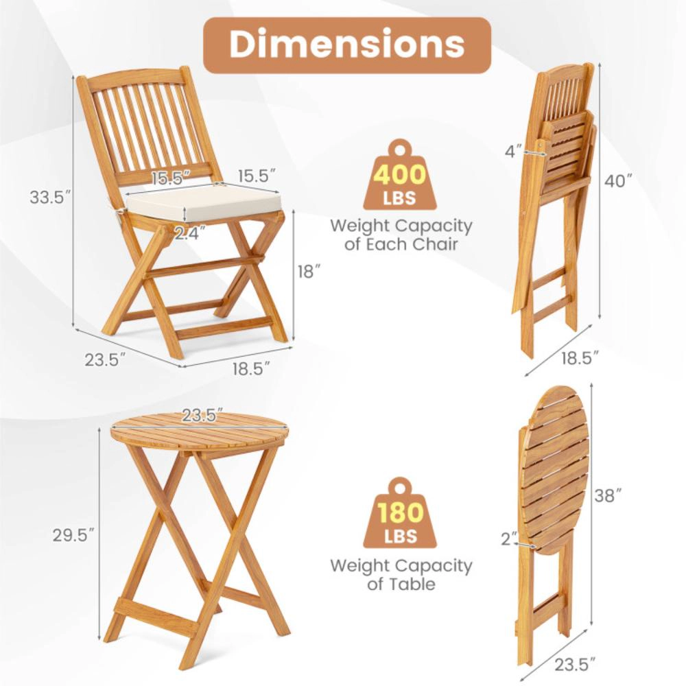 Hivvago 3 Pieces Acacia Wood Patio Folding Bistro Set With Soft Cushions