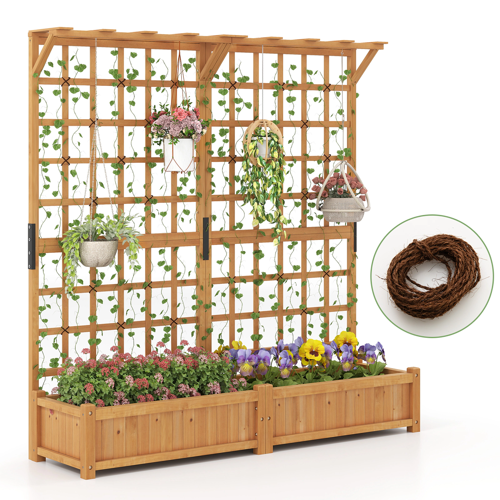 LJG 71 Inches Large Wooden Planter Container with Trellis and Hanging Roof
