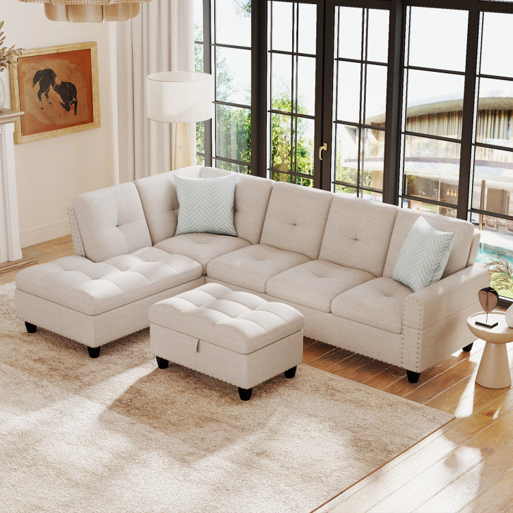 Hivvago Sectional Sofa Couch With Movable Storage Ottoman And Linen Fabric Backs