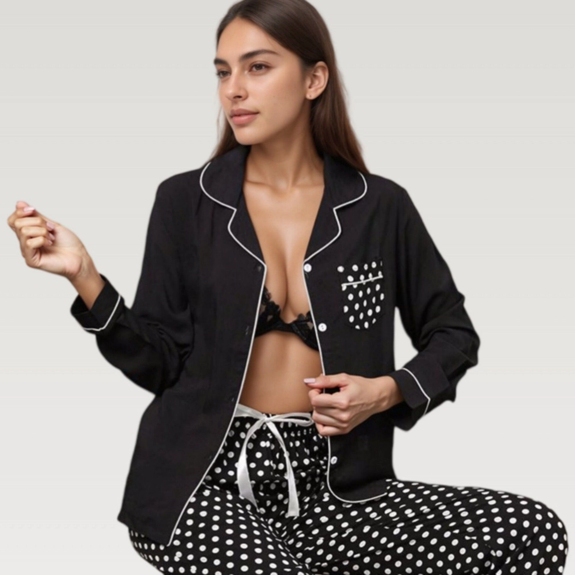 Anna-Kaci Women's Polka Dot Pajama Set with Long Sleeve Button Top and Elastic Waist Pants