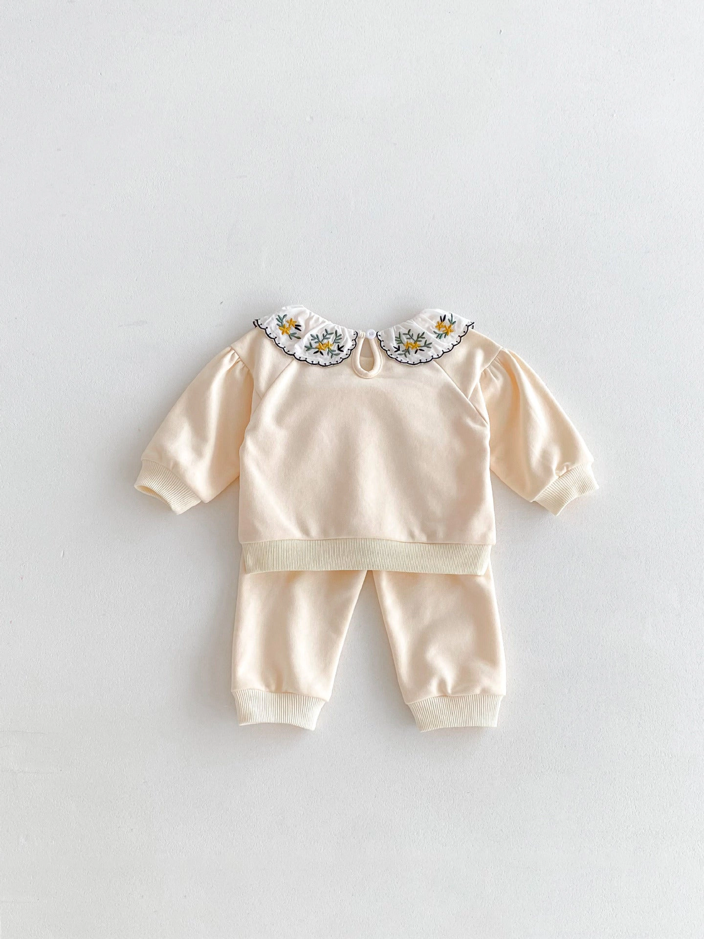 MyKids-USA Cute And Versatile Two-piece Set: Flowers Embroidered Collar Top Solid Color Pants For Baby Girls Toddlers