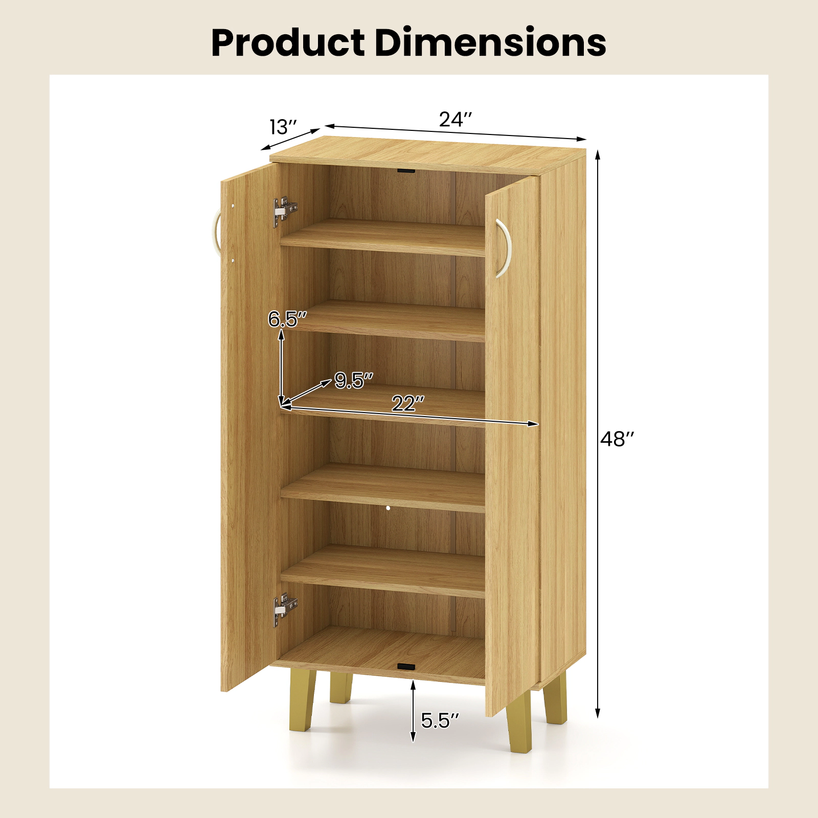 SUGIFT 6-Tier Freestanding Wooden Shoe Cabinet with Doors and Removable Shelves 22-lb Countertop Capacity Natural