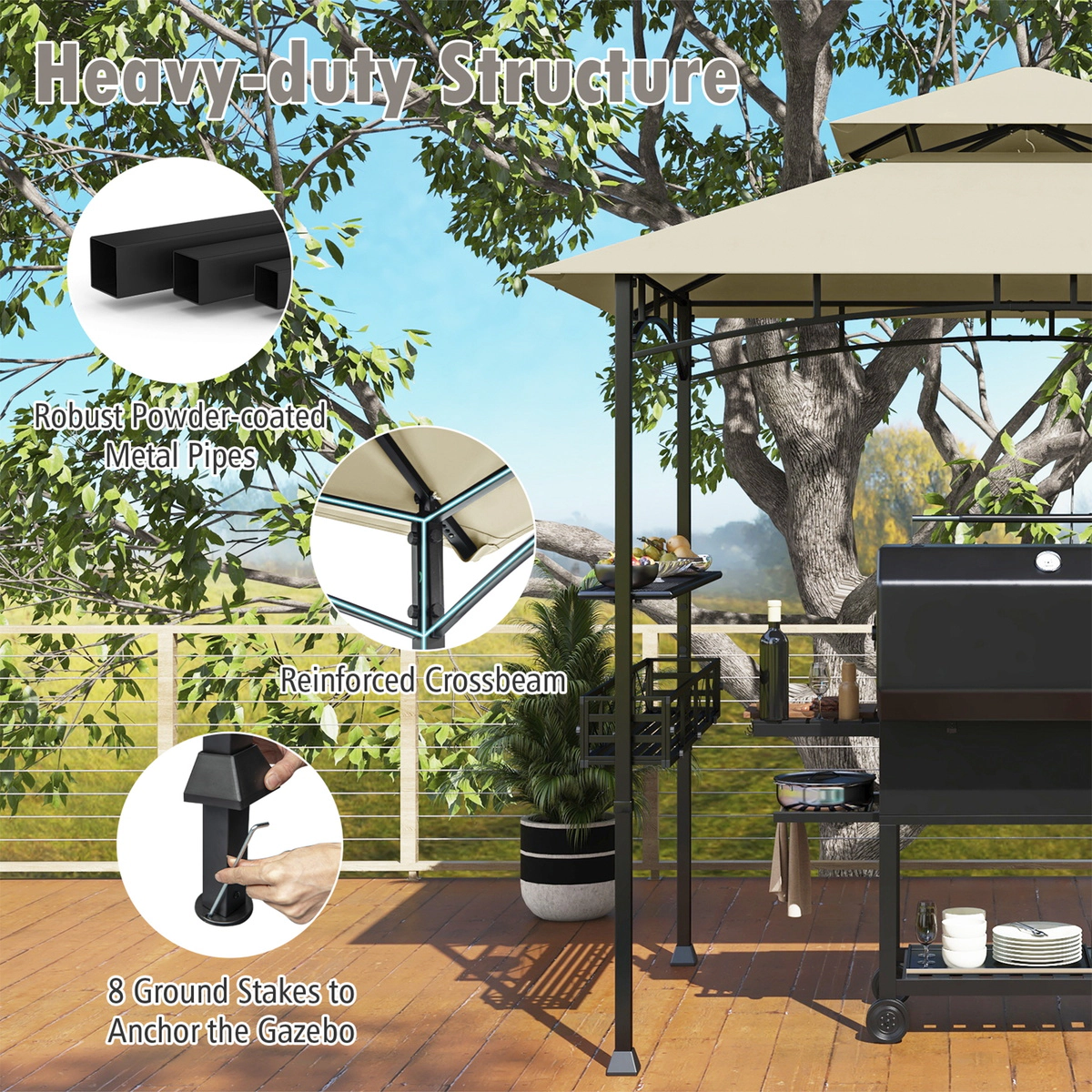 SUGIFT 2 Side Shelves 10 Hooks and Storage Basket 8 x 5 ft Outdoor Grill Gazebo