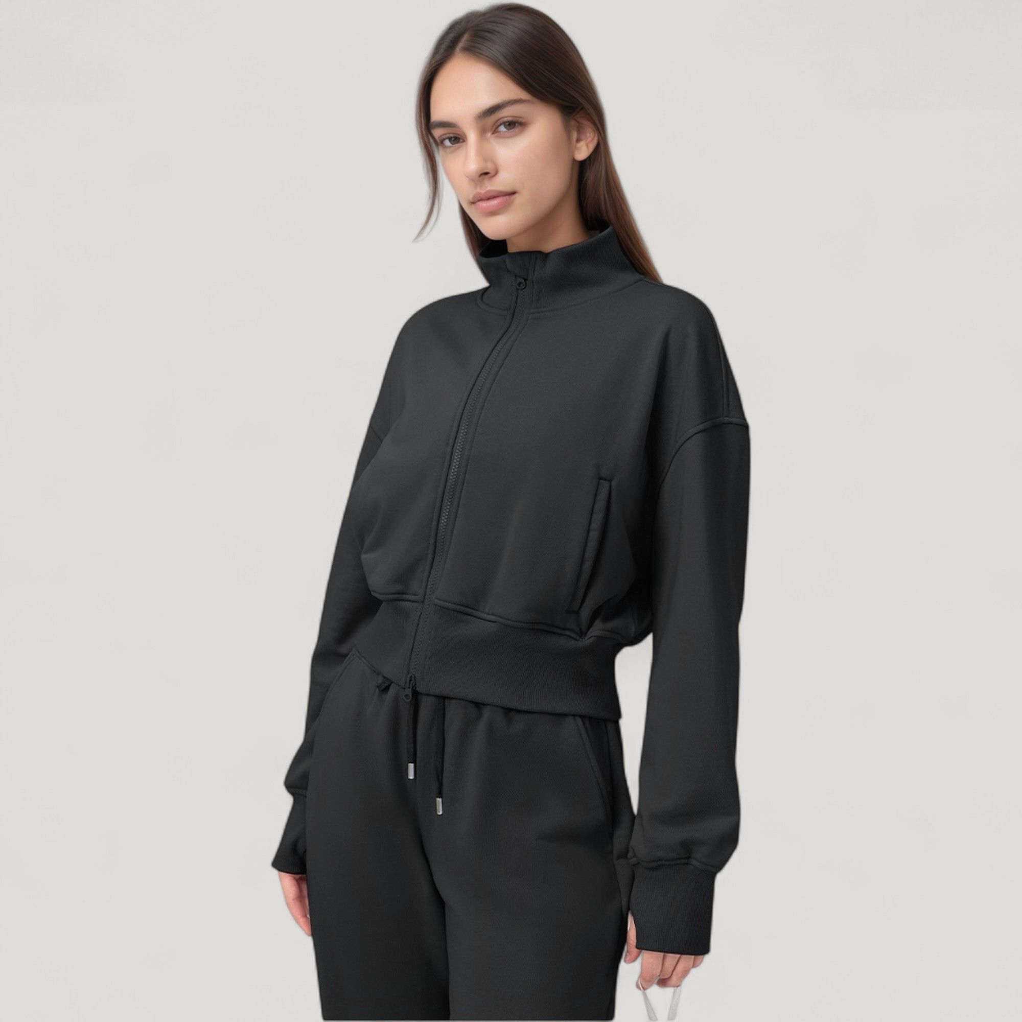 Anna-Kaci Women's Cropped Zip-Up Jacket with High Collar and Long Sleeves
