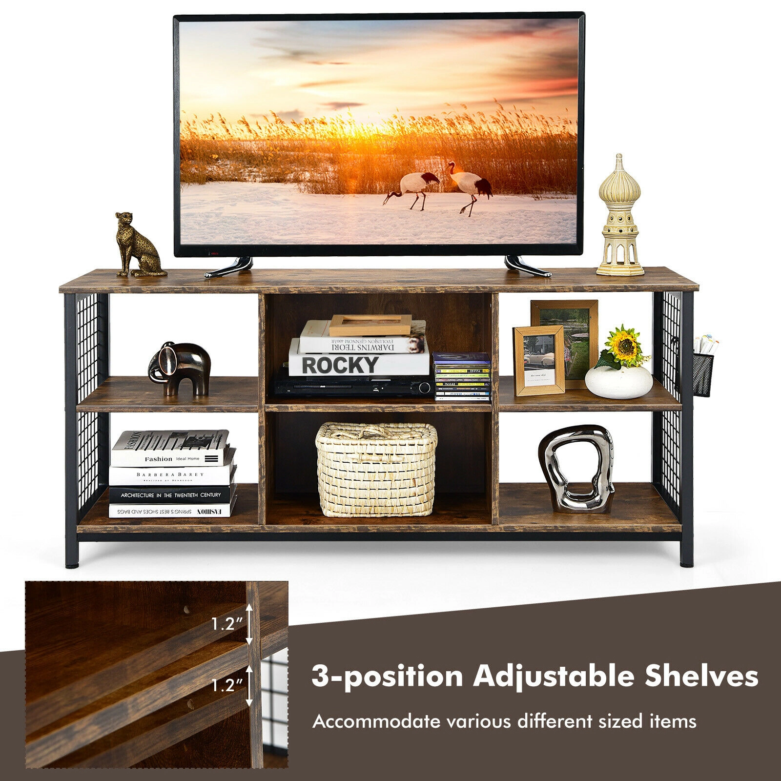 Glintex 55-Inch Mid-Century TV Stand with Storage Basket and Steel Frame, Rustic Brown