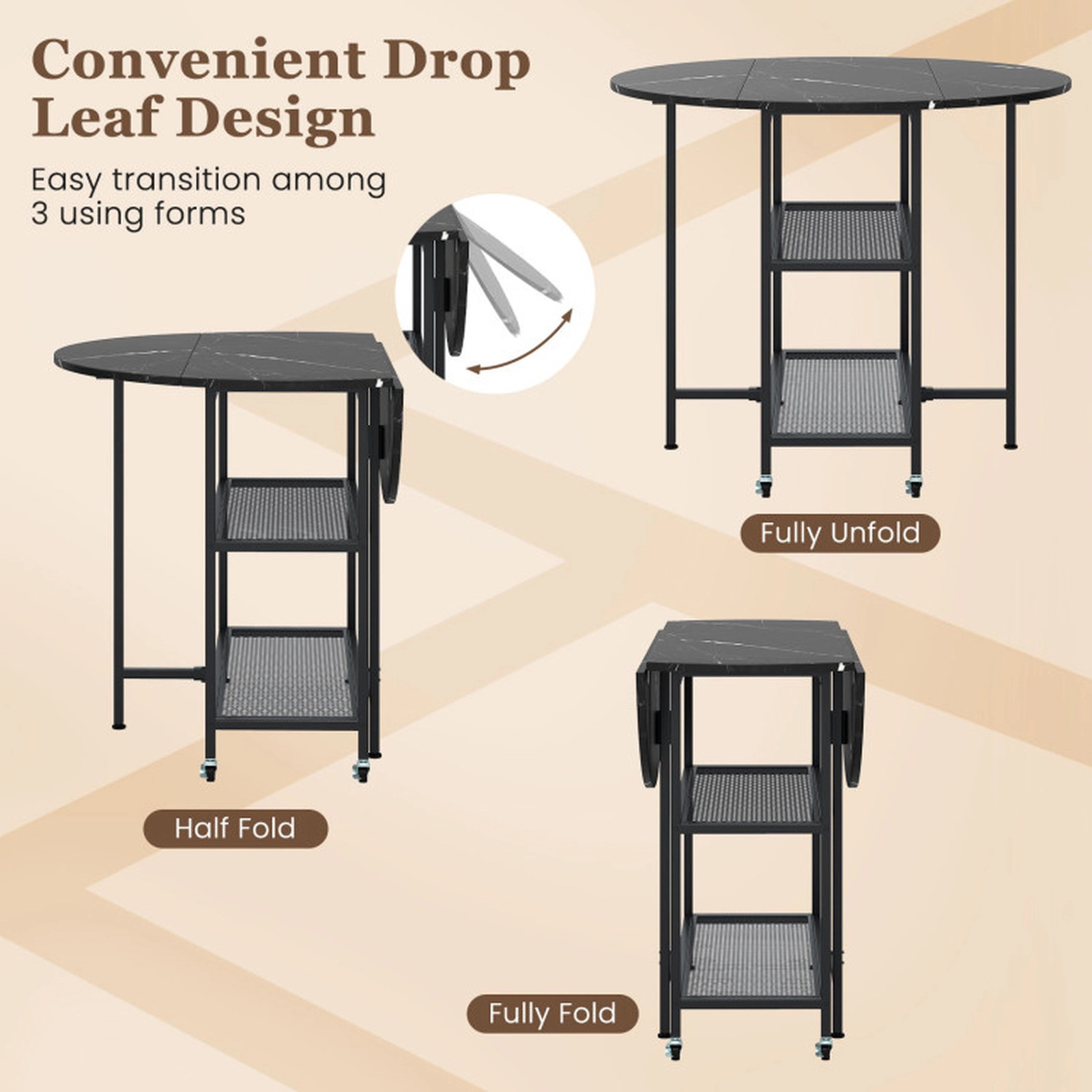 SUGIFT Folding Round Dining Table with Drop Leaves and Lockable Wheels 200-Lb Tabletop Capacity Black+White