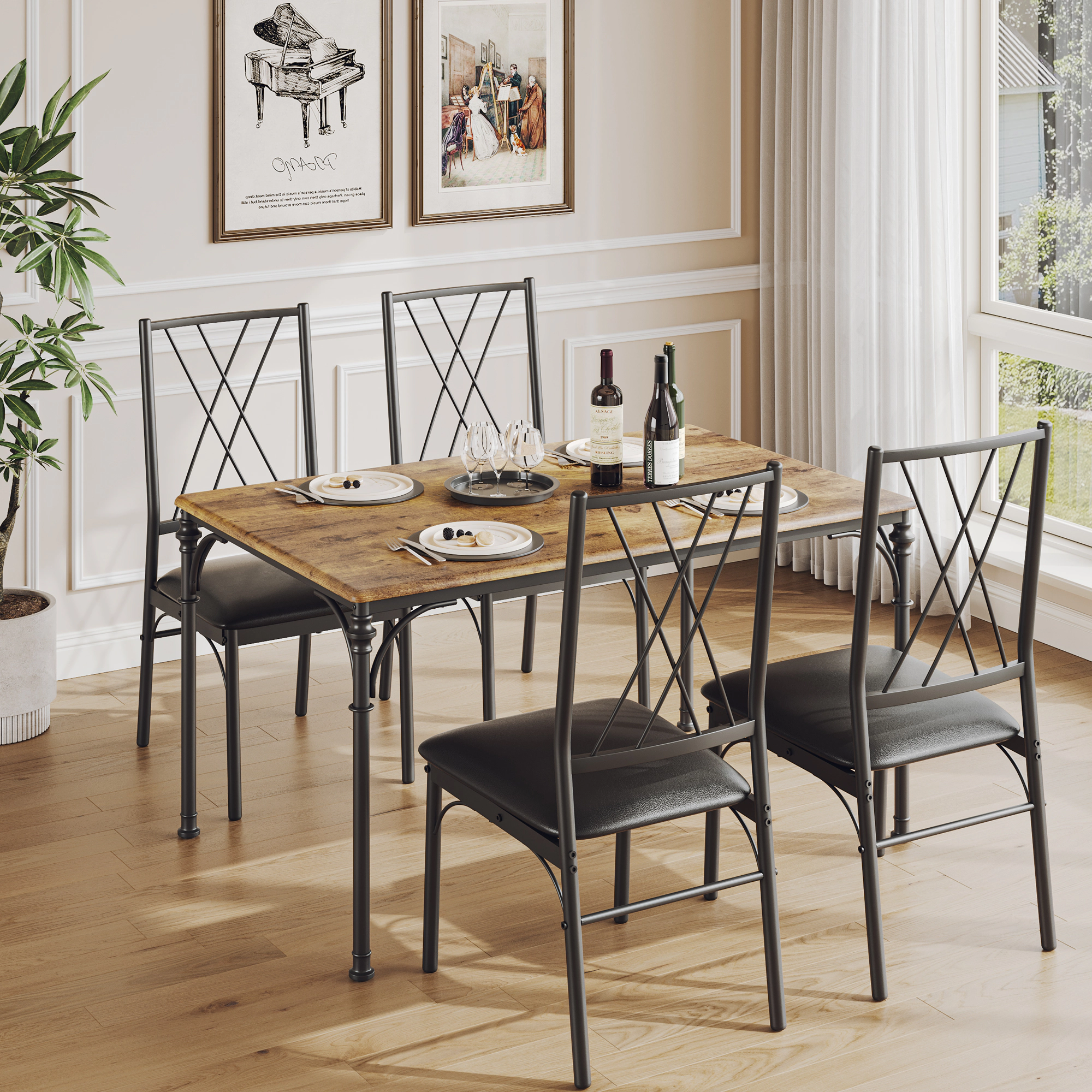 BebreezChic 5-Piece Dining Set, Rectangular Table & 4 Fabric Chairs, Natural Wood Grain