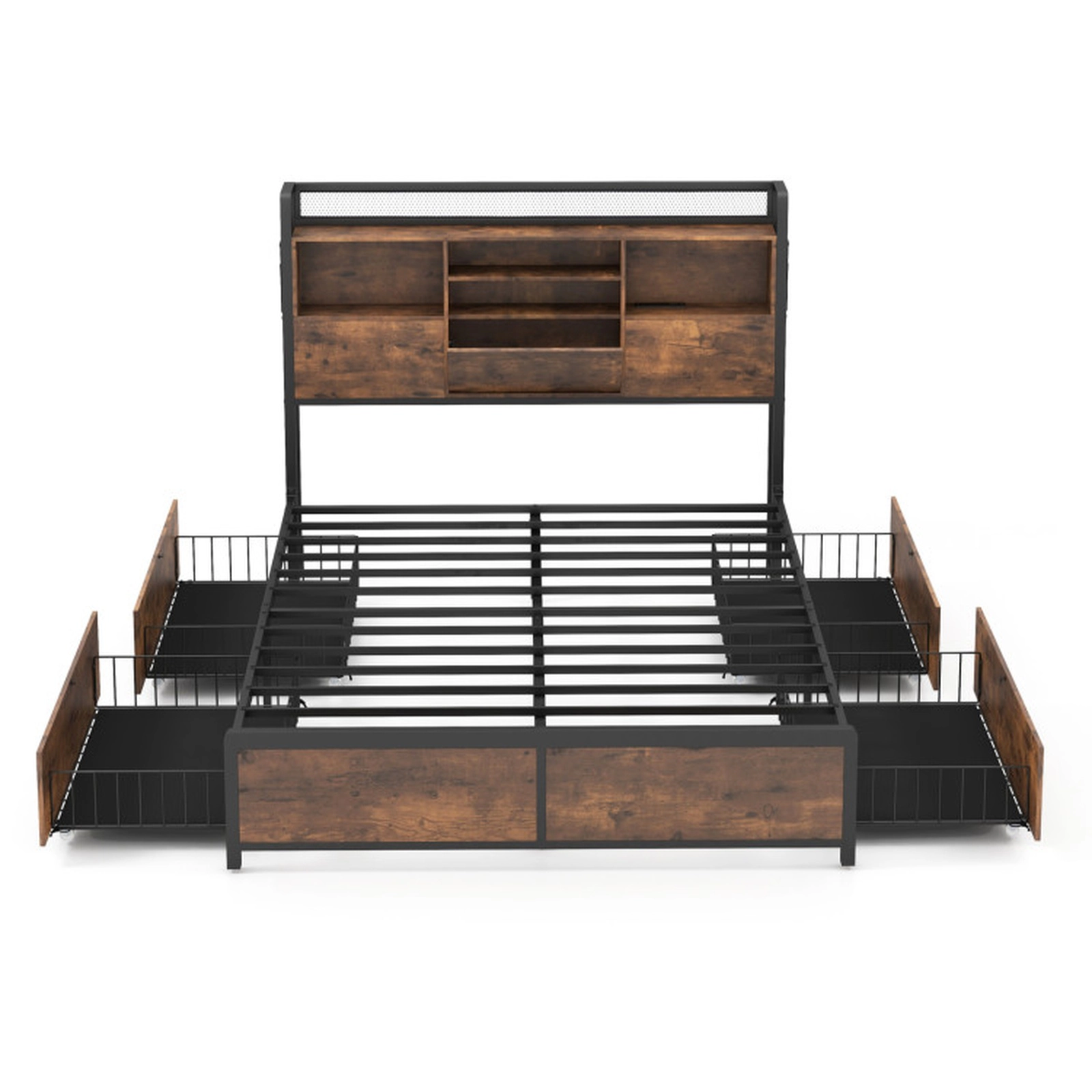 SUGIFT Full Size 400-lb Capacity Vintage Brown Metal Bed Frame with Bookcase Headboard and 4 Storage Drawers