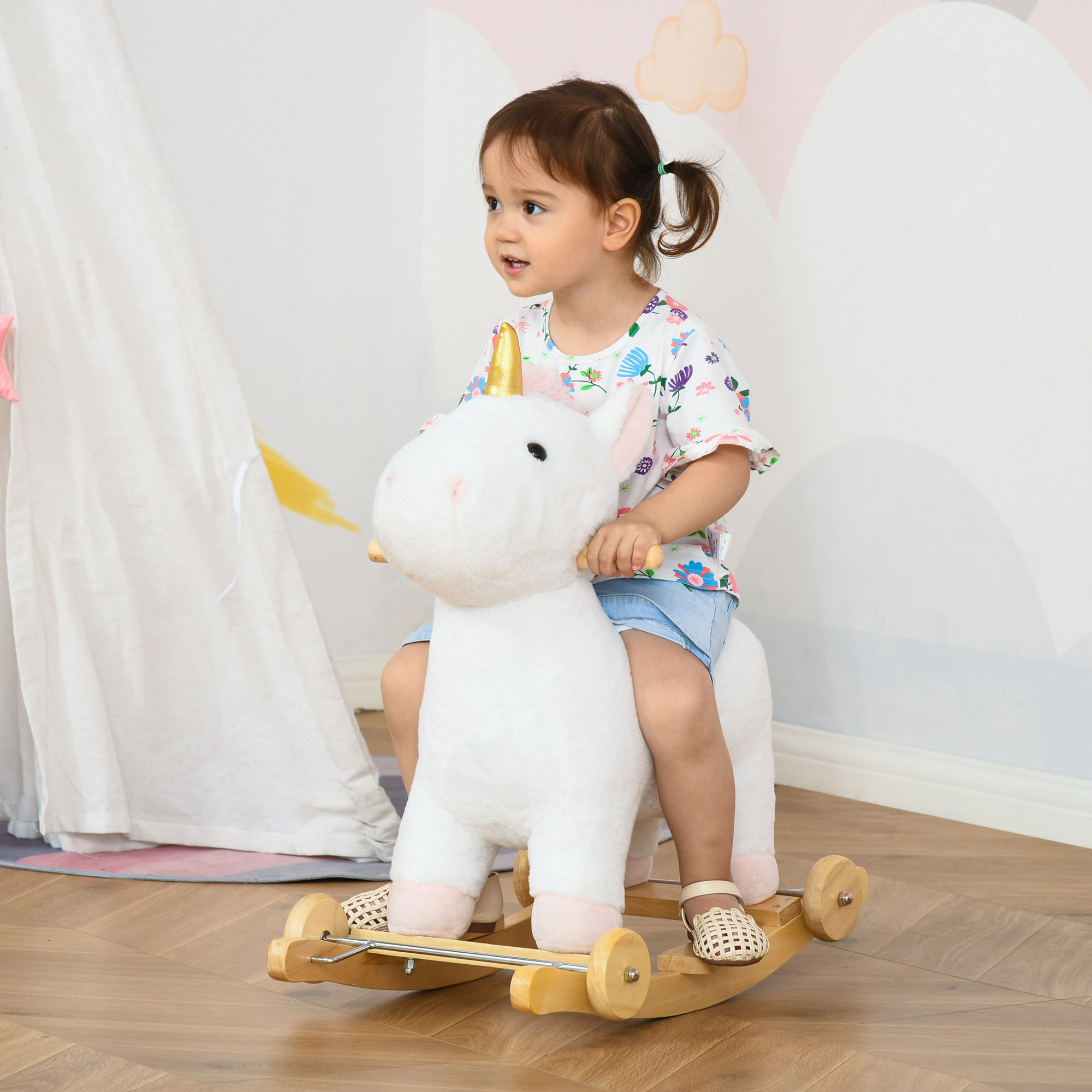 HONGGE White 2-in-1 Rock and Roll Unicorn Ride-On Toy with Wooden Base and Sound for Kids Ages 3-6